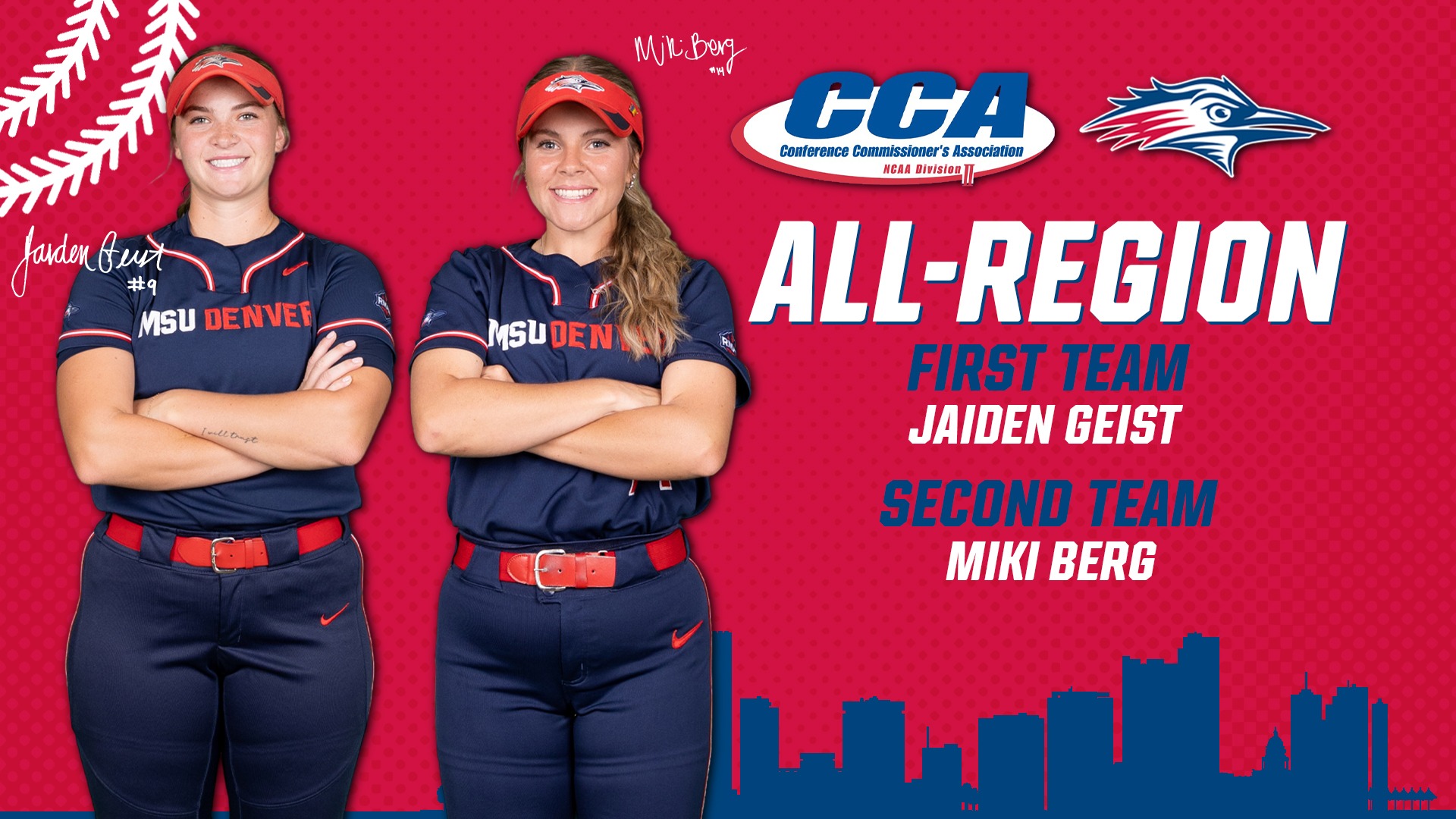 D2CCA Softball All-Region Graphic featuring cutout photos of softball players Jaiden Geist and Miki Berg.