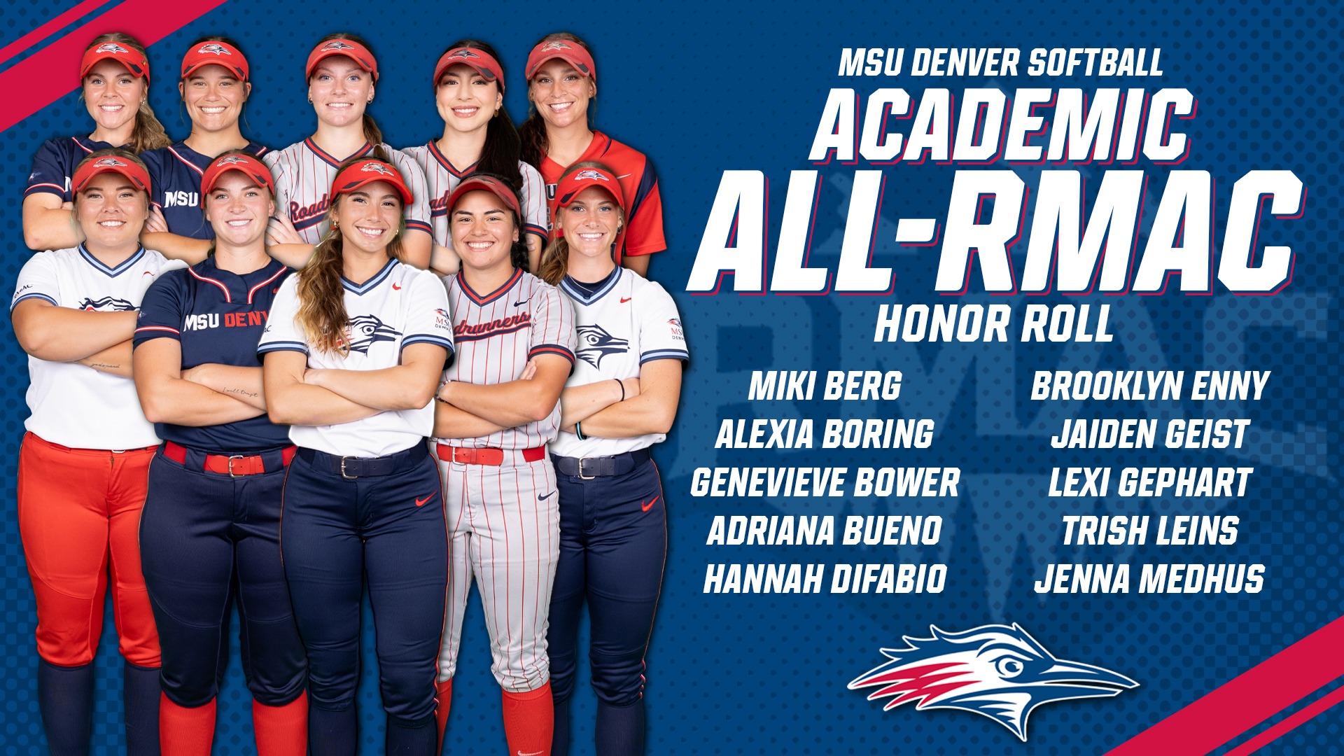 Softball Academic All-RMAC Honor Roll Graphic featuring cutout photos of softball players Miki Berg, Alexia Boring, Genevieve Bower, Adriana Bueno, Hannah DiFabio, Brooklyn Enny, Jaiden Geist, Lexi Gephart, Trish Leins, and Jenna Medhus.