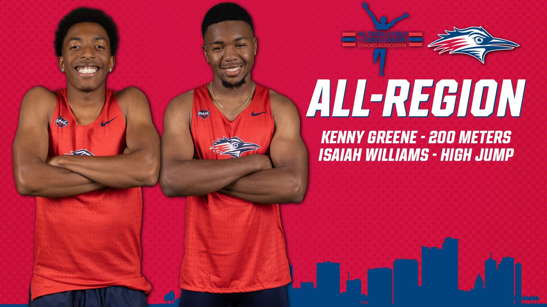 Outdoor Track & Field USTFCCCA All-Region Graphic featuring cutout photos of track athletes Kenny Greene and Isaiah Williams.