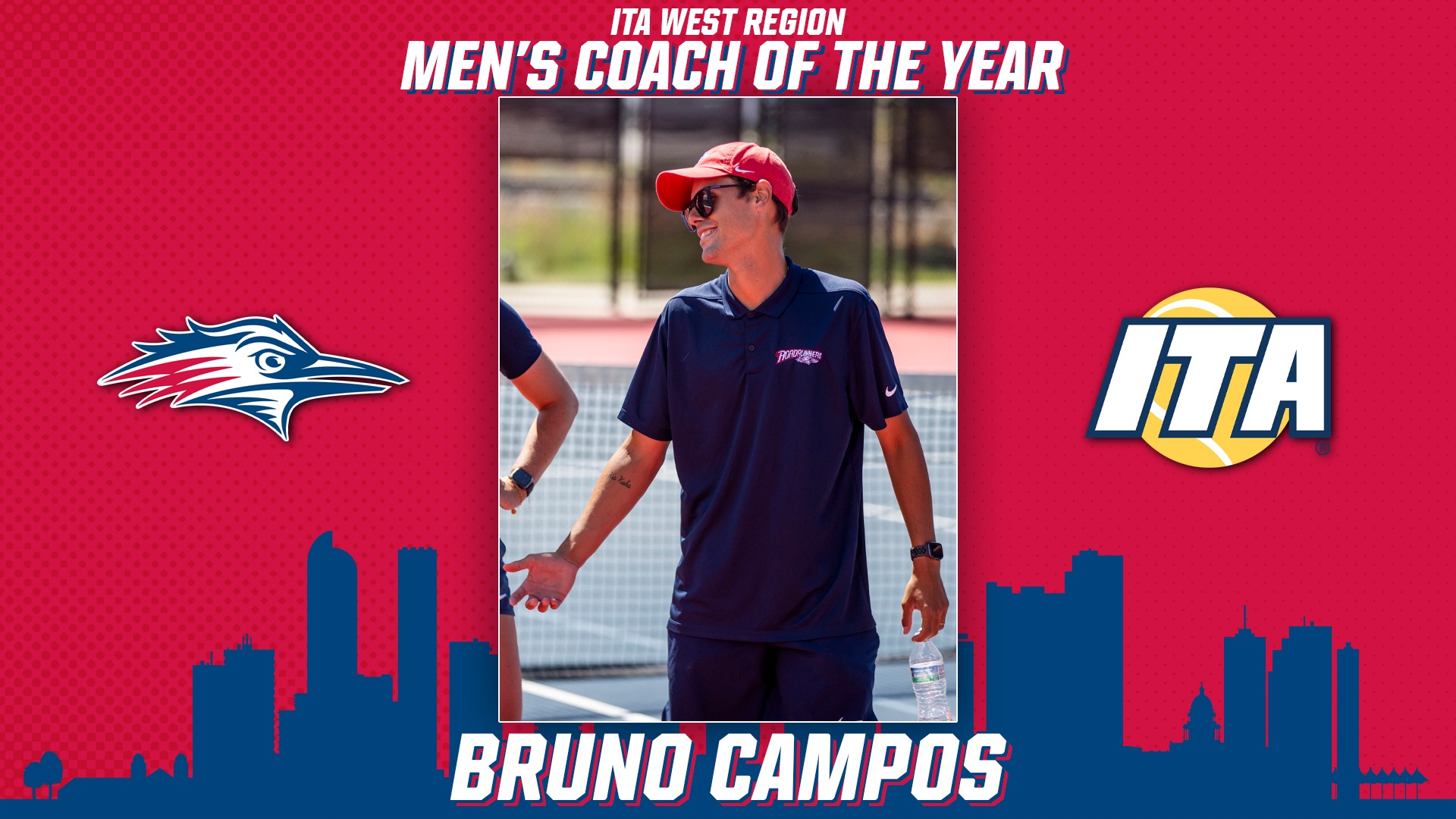 Bruno Campos Men's ITA West Region Coach of the Year Graphic featuring the ITA logo and a photo of Bruno Campos.