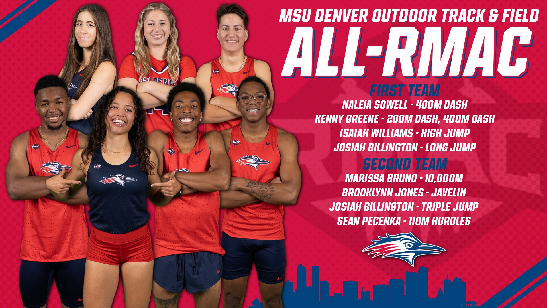 Outdoor Track and Field All-RMAC Graphic featuring cutouts of track athletes Marissa Bruno, Brooklynn Jones, Sean Pecenka, Isaiah Williams, Naleia Sowell, Kenny Greene, and Josiah Billington.