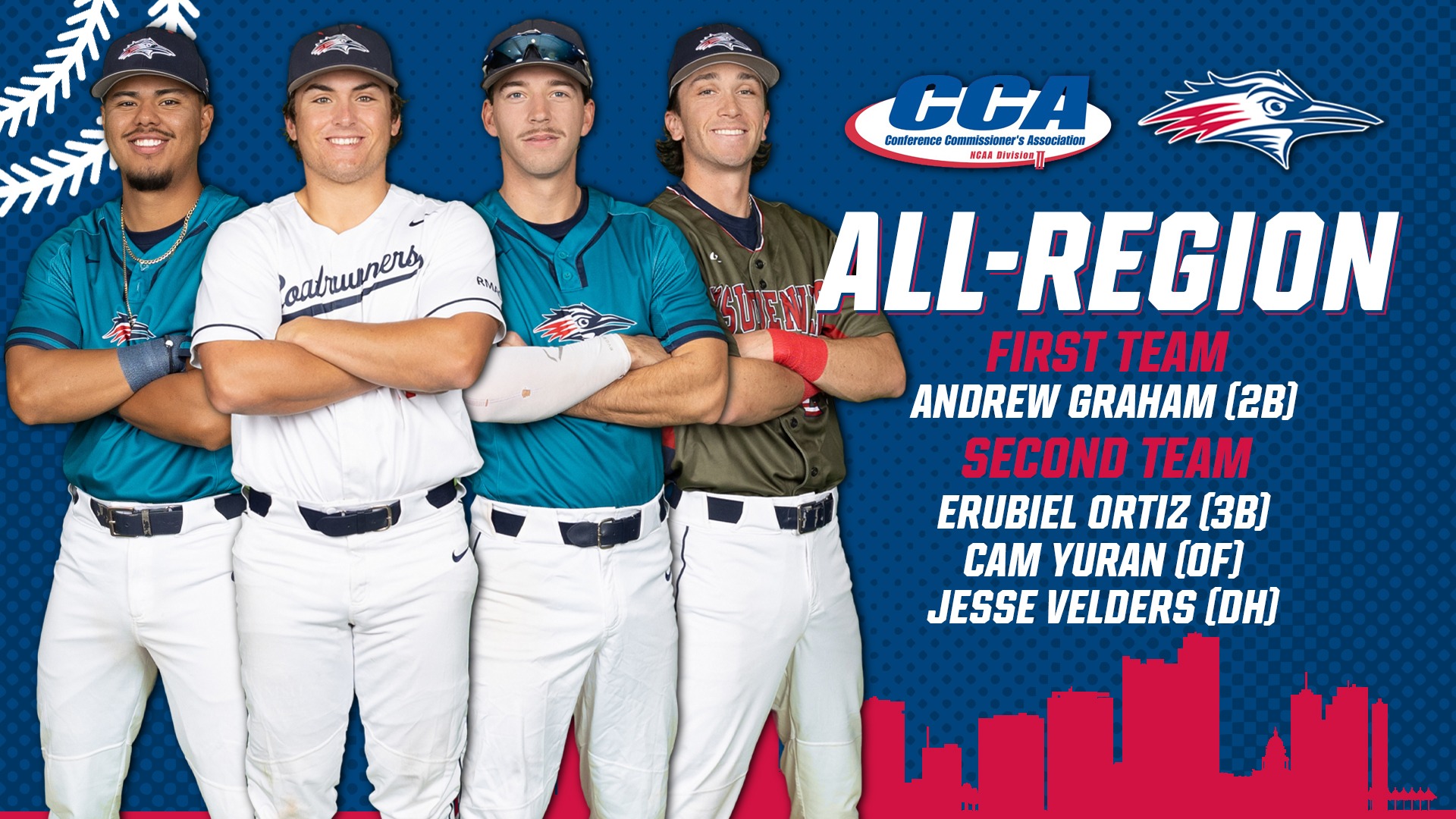 D2CCA Baseball All-Region Graphic featuring cutouts of Erubiel Ortiz, Andrew Graham, Jesse Velders, and Cam Yuran.