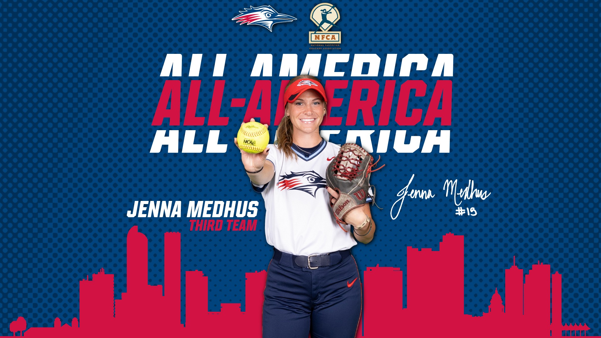Jenna Medhus NFCA All-America Graphic featuring a cutout photo of Jenna Medhus and the text 