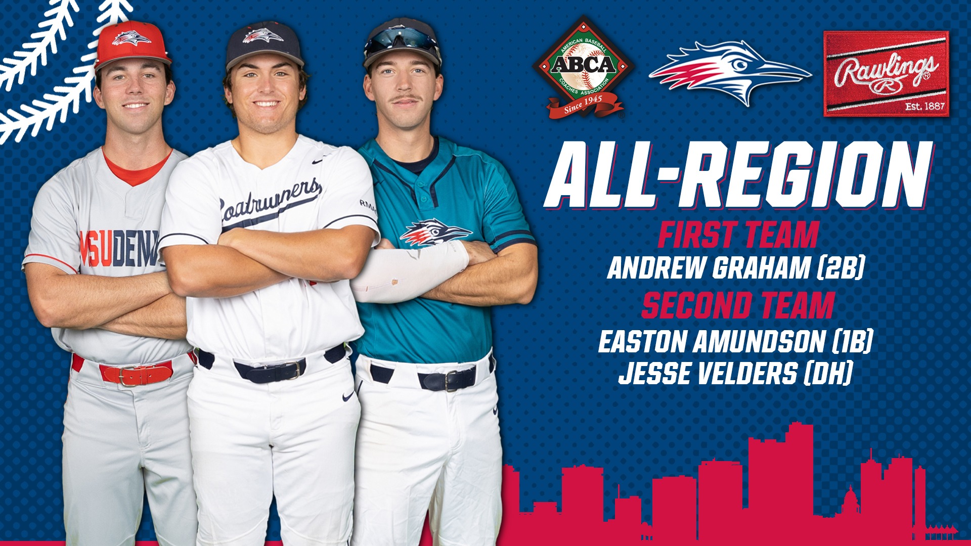 ABCA/Rawlings All-Region Graphic featuring cutouts of Easton Amundson, Andrew Graham, and Jesse Velders. 