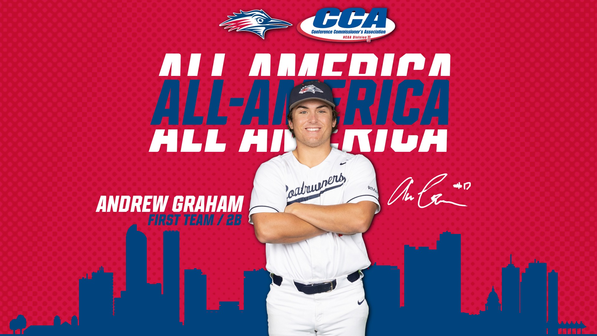 Andrew Graham D2CCA All-America Graphic featuring a cutout photo of Andrew Graham and the text 