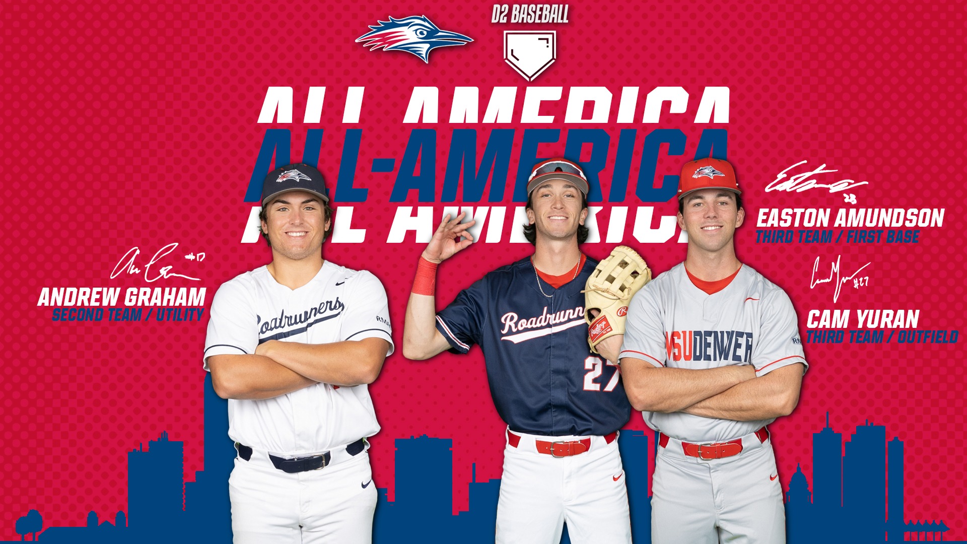 D2 Baseball All-America Graphic featuring a cutout photos of Andrew Graham, Cam Yuran, and Easton Amundson.