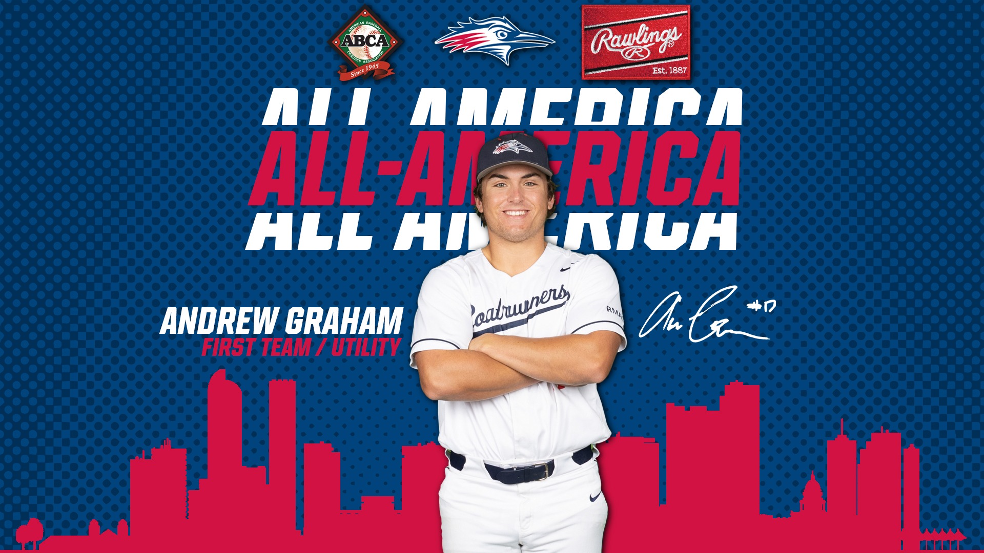 Andrew Graham ABCA/Rawlings All-America First Team Graphic featuring a cutout photo of Andrew Graham.
