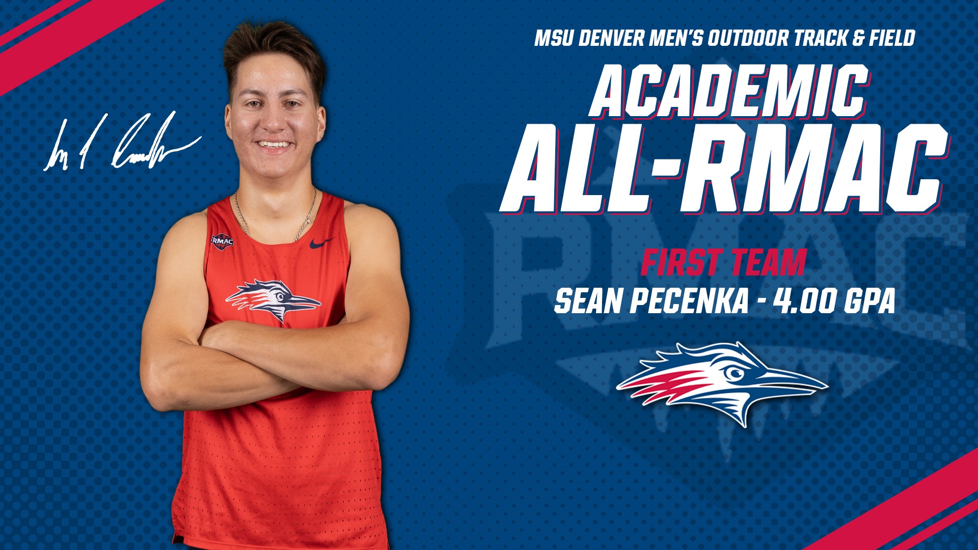 Men's Outdoor Track & Field Academic All-RMAC First Team Graphic featuring a cutout photo of track athlete Sean Pecenka.