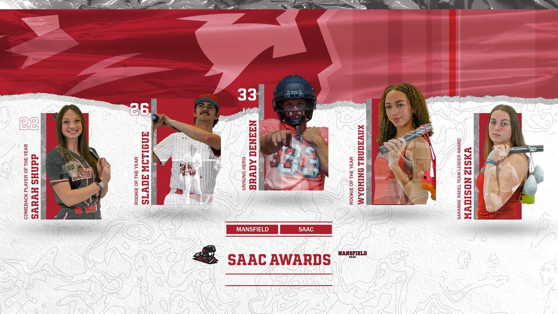 the 5 athletes that won 2026 SAAC awards on a red and white backgroung