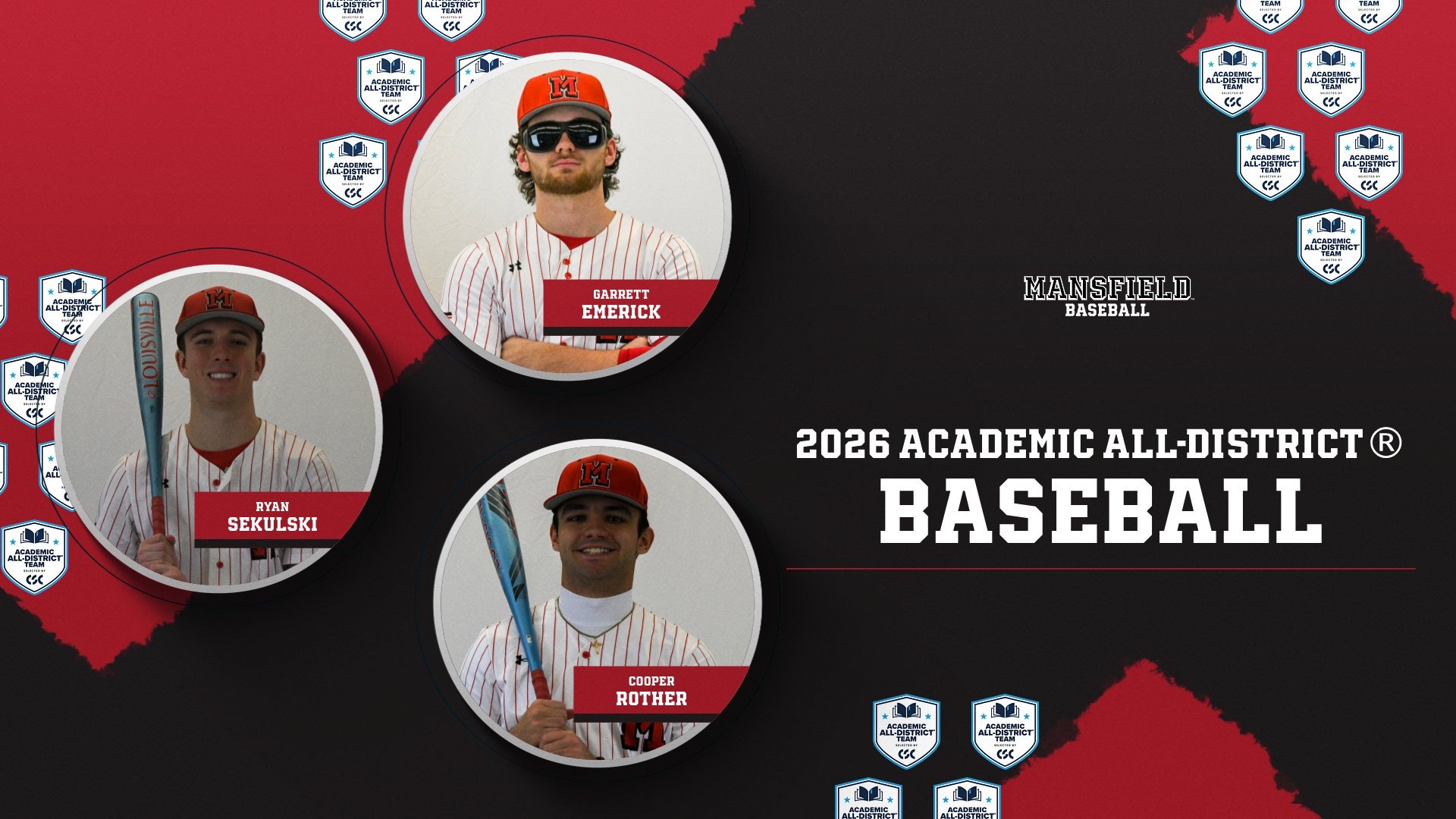 Graphic of Garrett Emerick, Ryan Sekulski and Cooper Rother  named to 2026 CSC Academic All-District Team