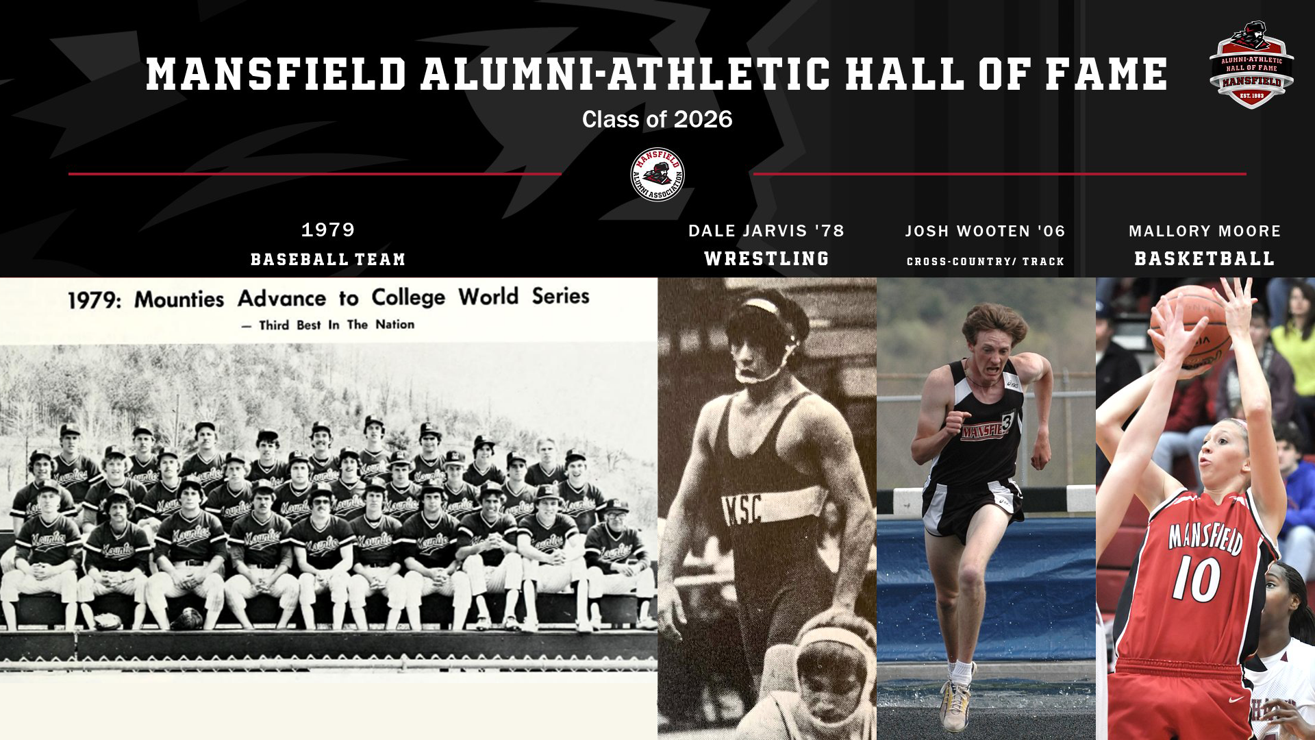 White text on black background stating Class of 2026 Mansfield Athletic Alumni Hall of Fame and photos of the inductees Dale Jarvis, Josh Wooten and 1979 Baseball team