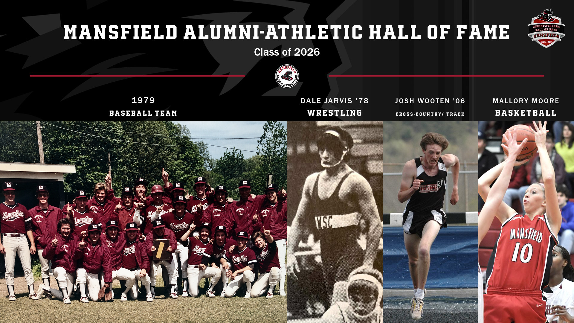 White text on black background stating Class of 2026 Mansfield Athletic Alumni Hall of Fame and photos of the inductees Dale Jarvis, Josh Wooten and 1979 Baseball team