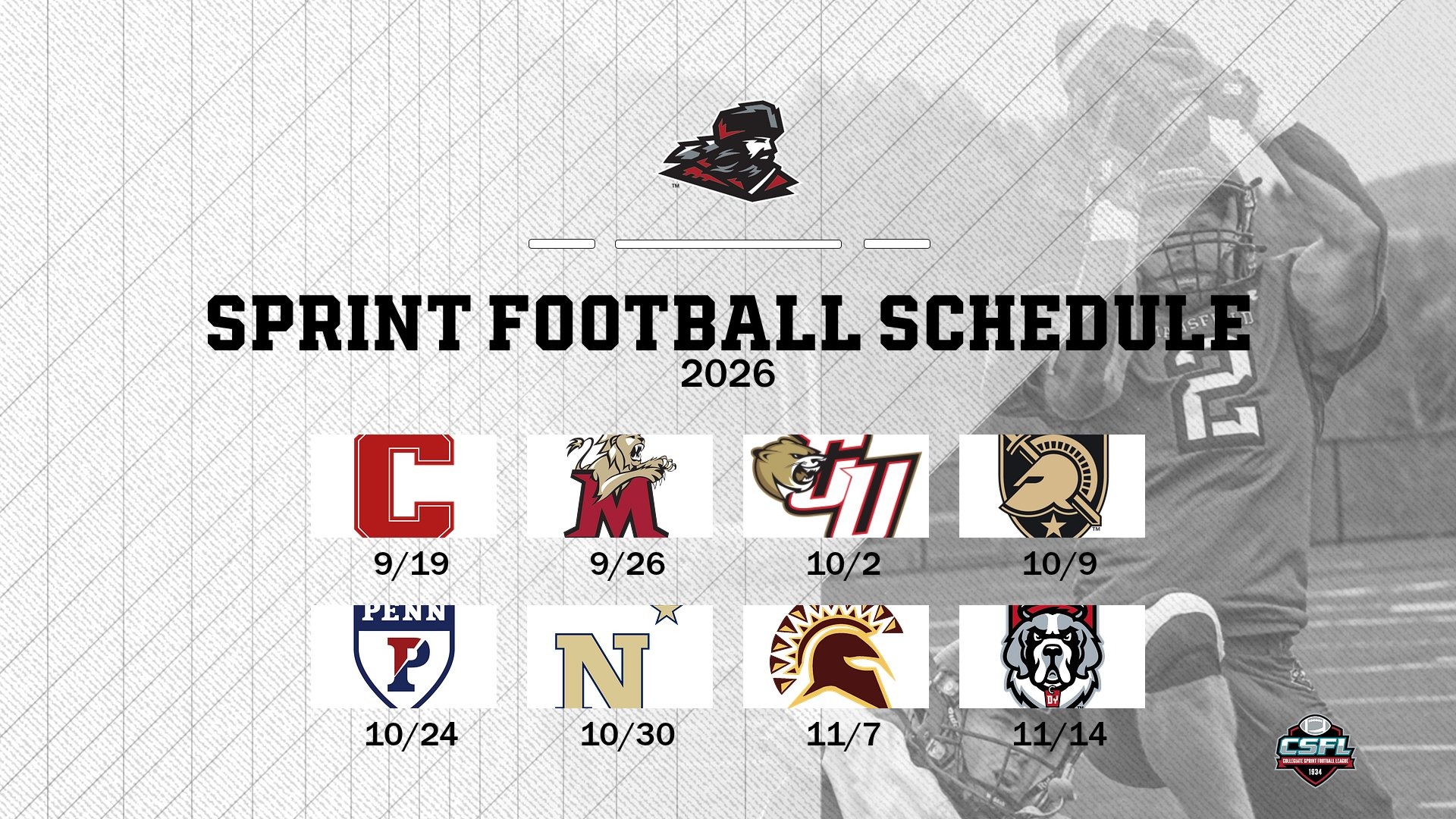2026 sprint football schedule graphic represented by the logos of the opponents on a white background
