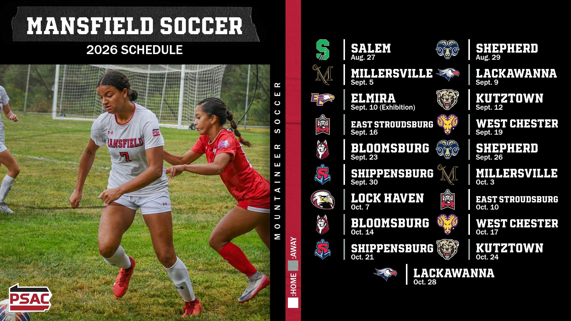 Soccer 2026 schedule graphic represented by the logos of the opponents on a black background