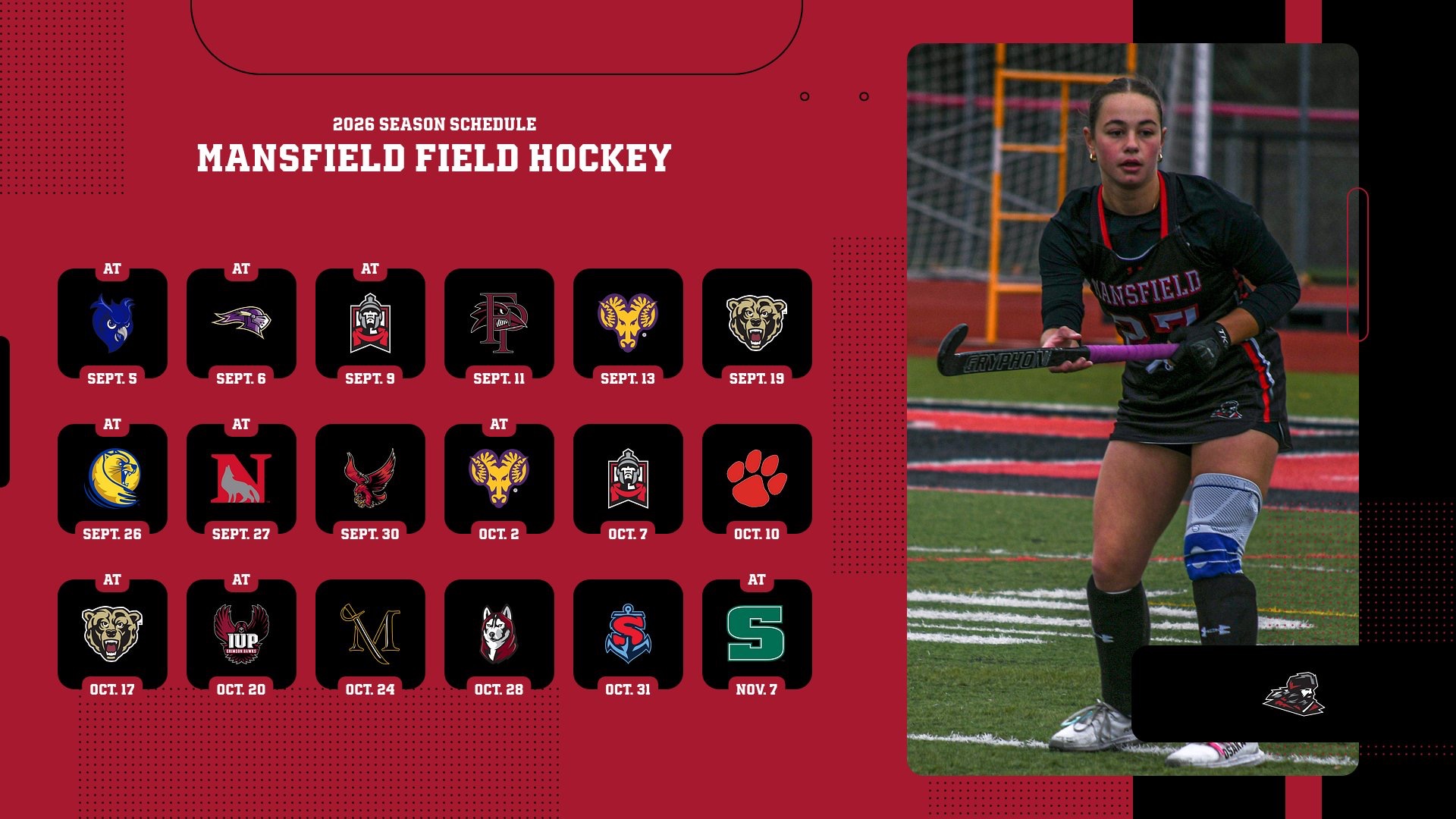 Field Hockey 2026 schedule graphic represented by the logos of the opponents on a Red background