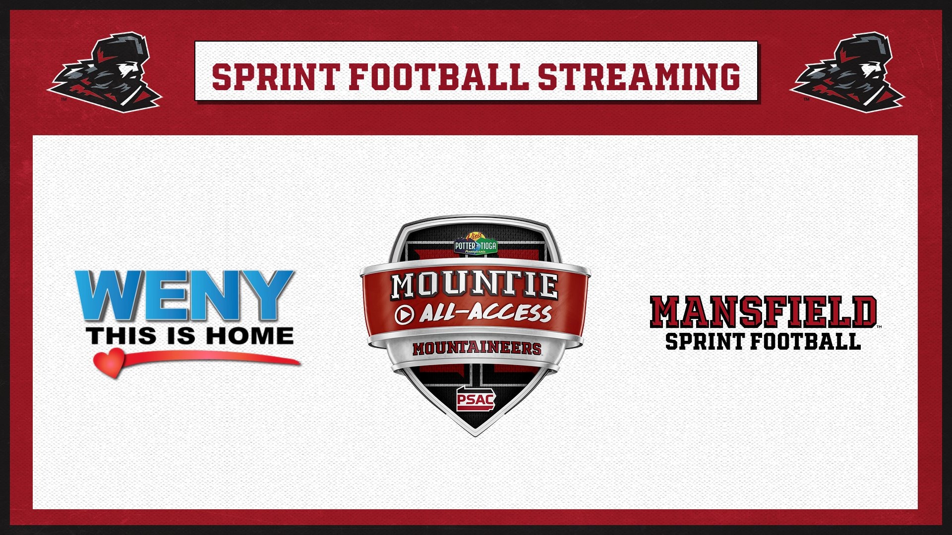 Graphic of WENY logo, Mountie All-Access logo , and Mansfield sprint football logo signifying the partnership to stream 2026 home games. 