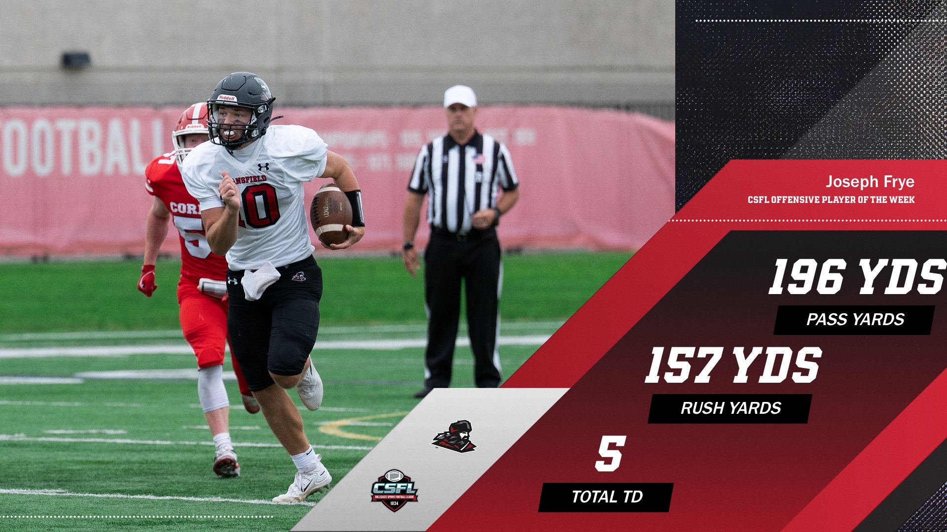 Joseph Frye graphic showing his stats from his debut against cornell where he was named CSFL player of the Week 