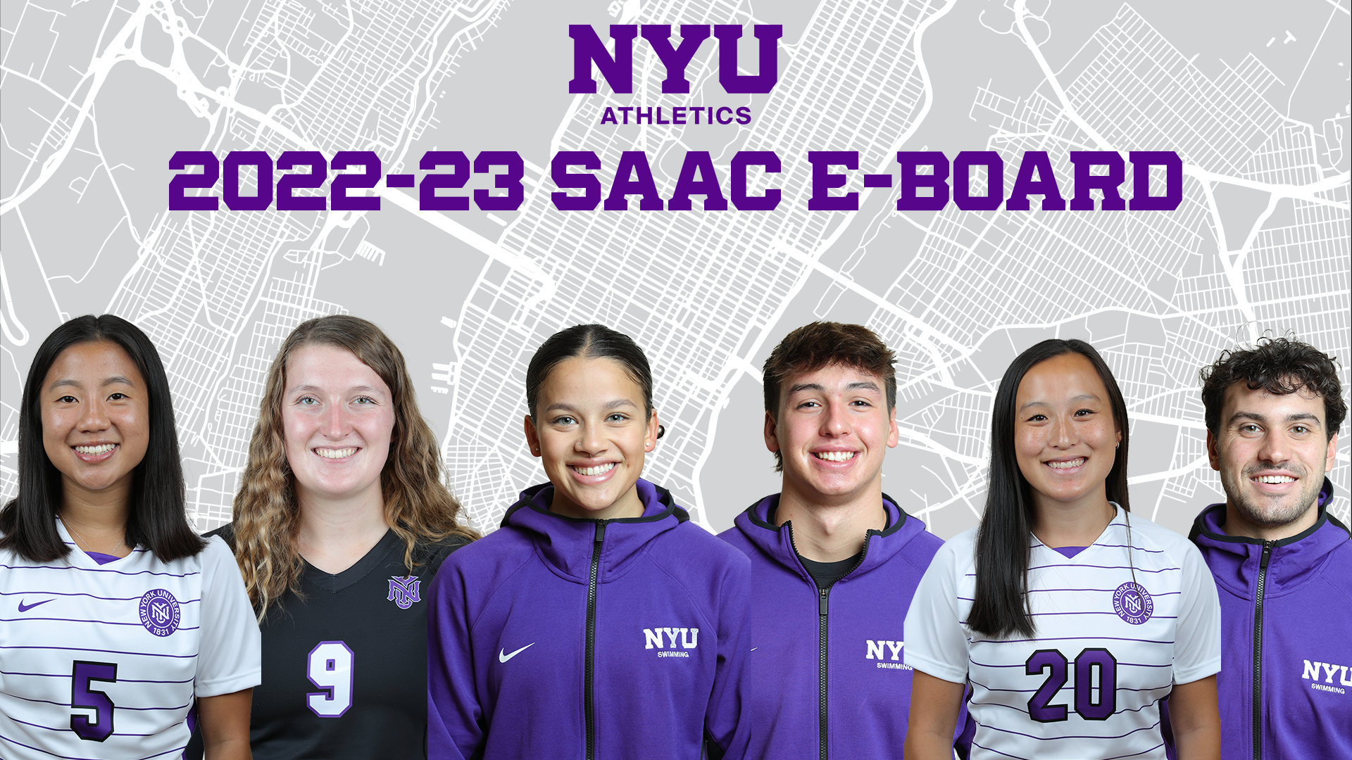 2022-23 SAAC E-Board with headshots of Caitlin Fong, Haley Holz, Emily Rodriguez, Gavin Egerton, Nikki Lee and Thomas Pritchard