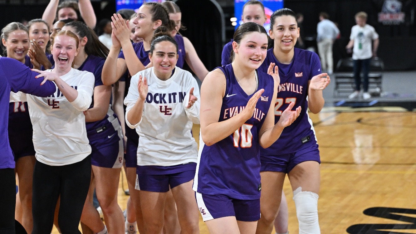 WBB postgame celebration vs. Belmont MVC Tournament