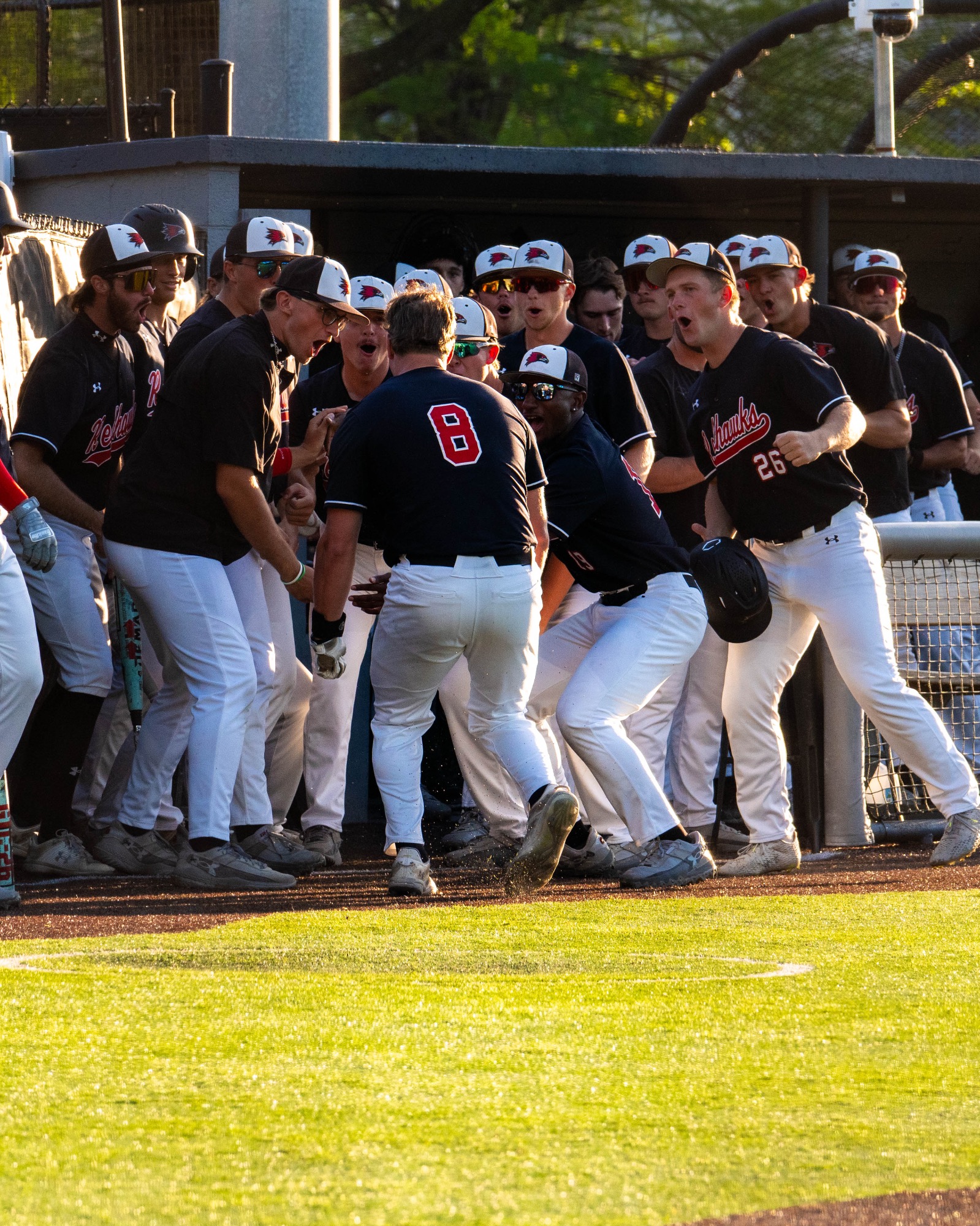 Cal Sullivan celebrating with teammates after hitting a home run in the third inning. 