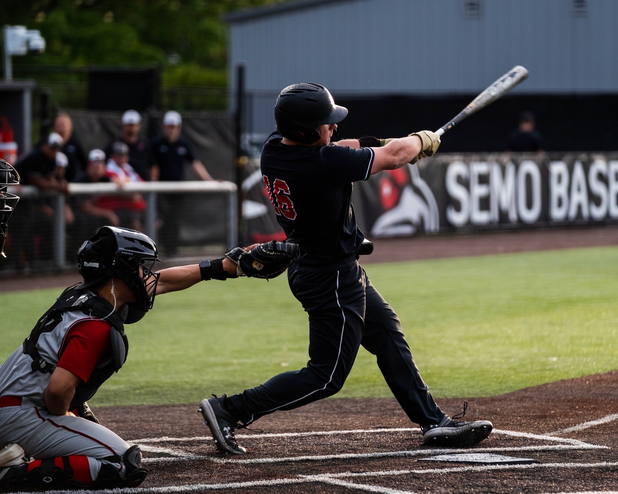 Joe Hall Swings at a pitch in Friday night's game versus SIUE