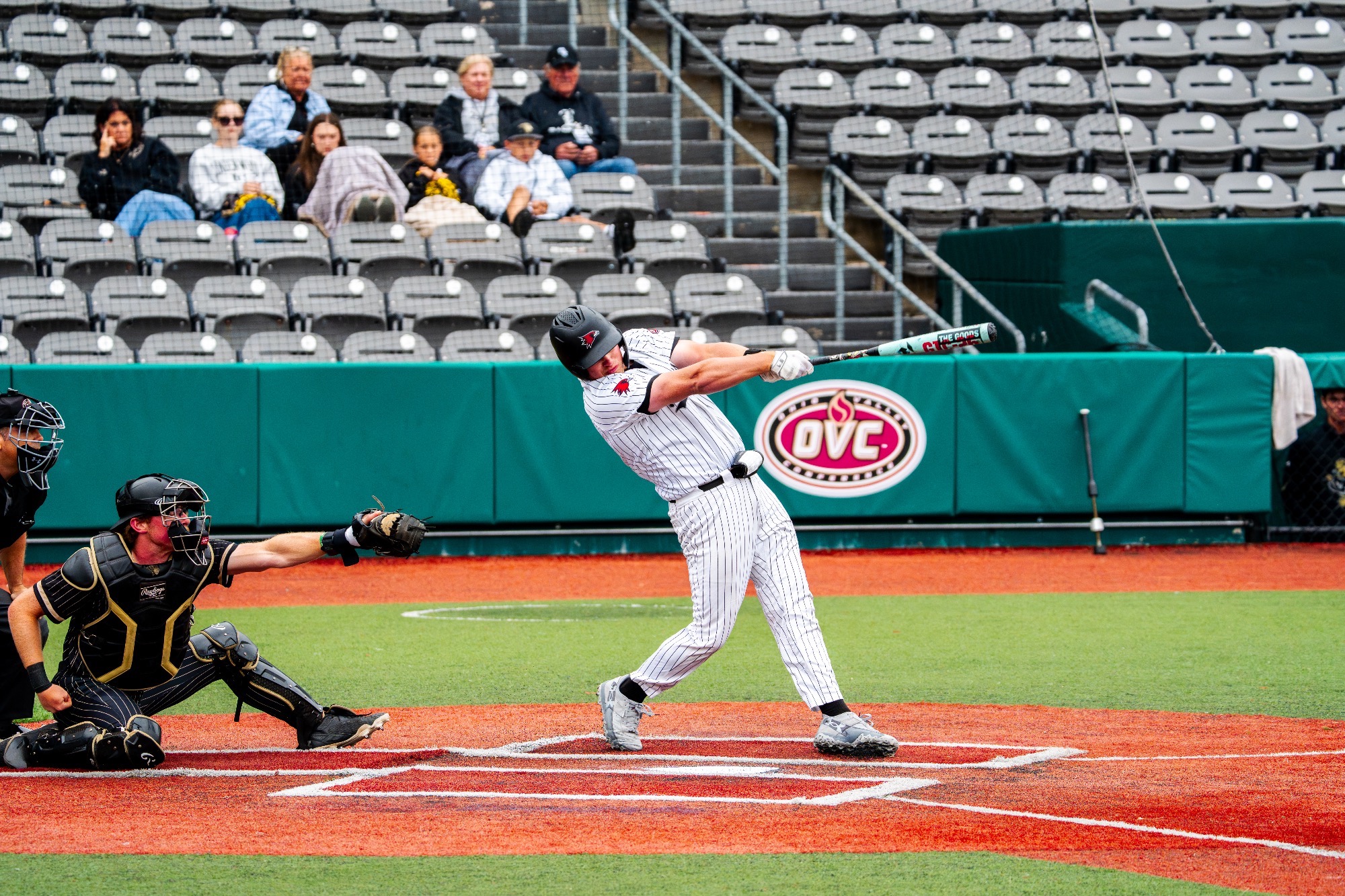 Cal Sullivan swings at a pitch in the OVC Tournament against Lindenwood