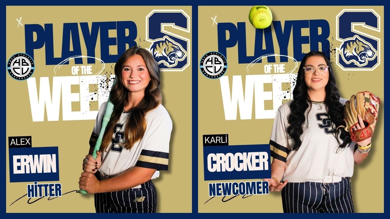 Alex Erwin (left), holding a bat, was named the HBCU Athletic Conference Softball Hitter of the Week and Karli Crocker (right), tossing a ball in the air, was named the Newcomer of the Week