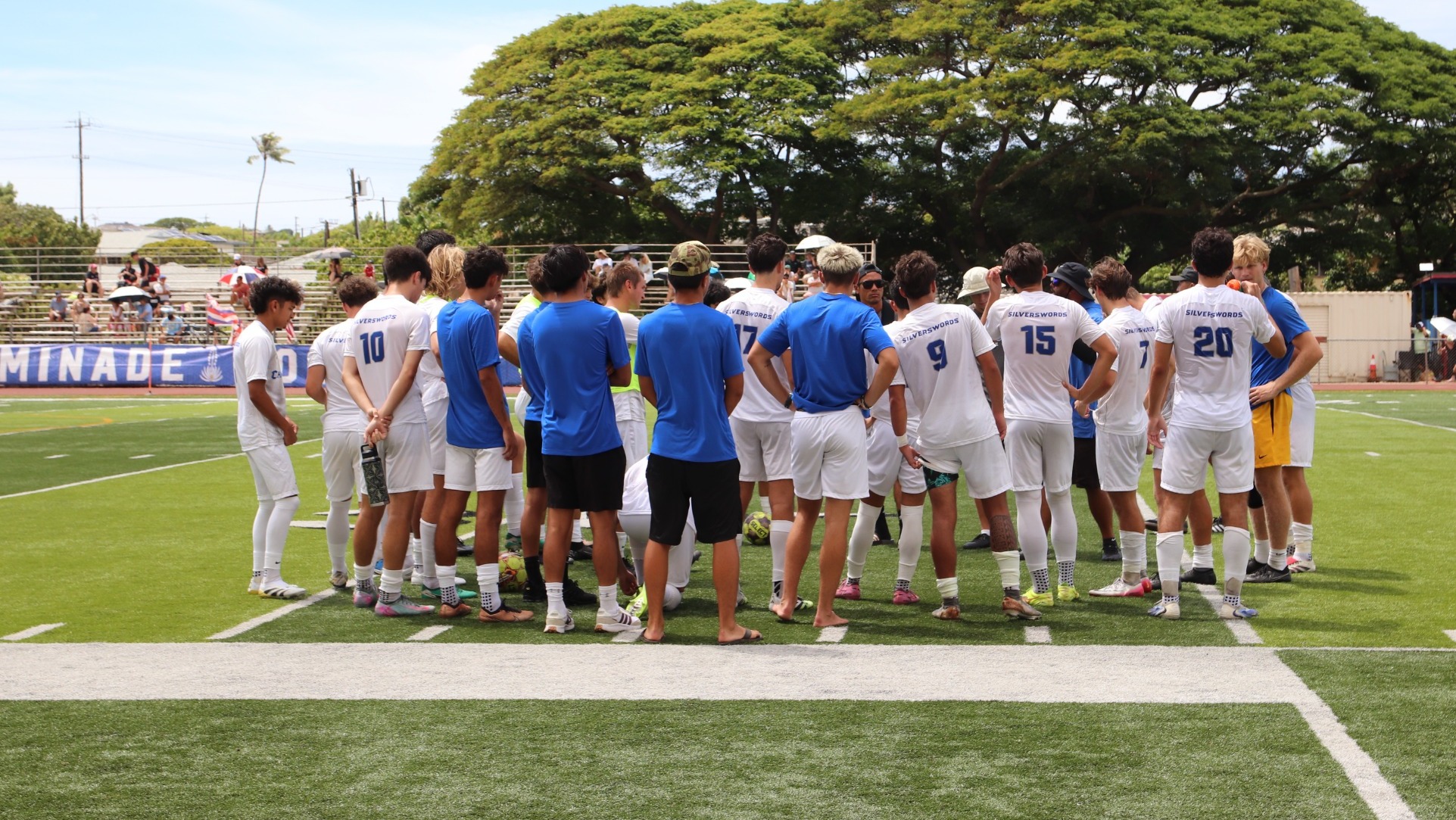 MSOC team huddle vs Whitworth