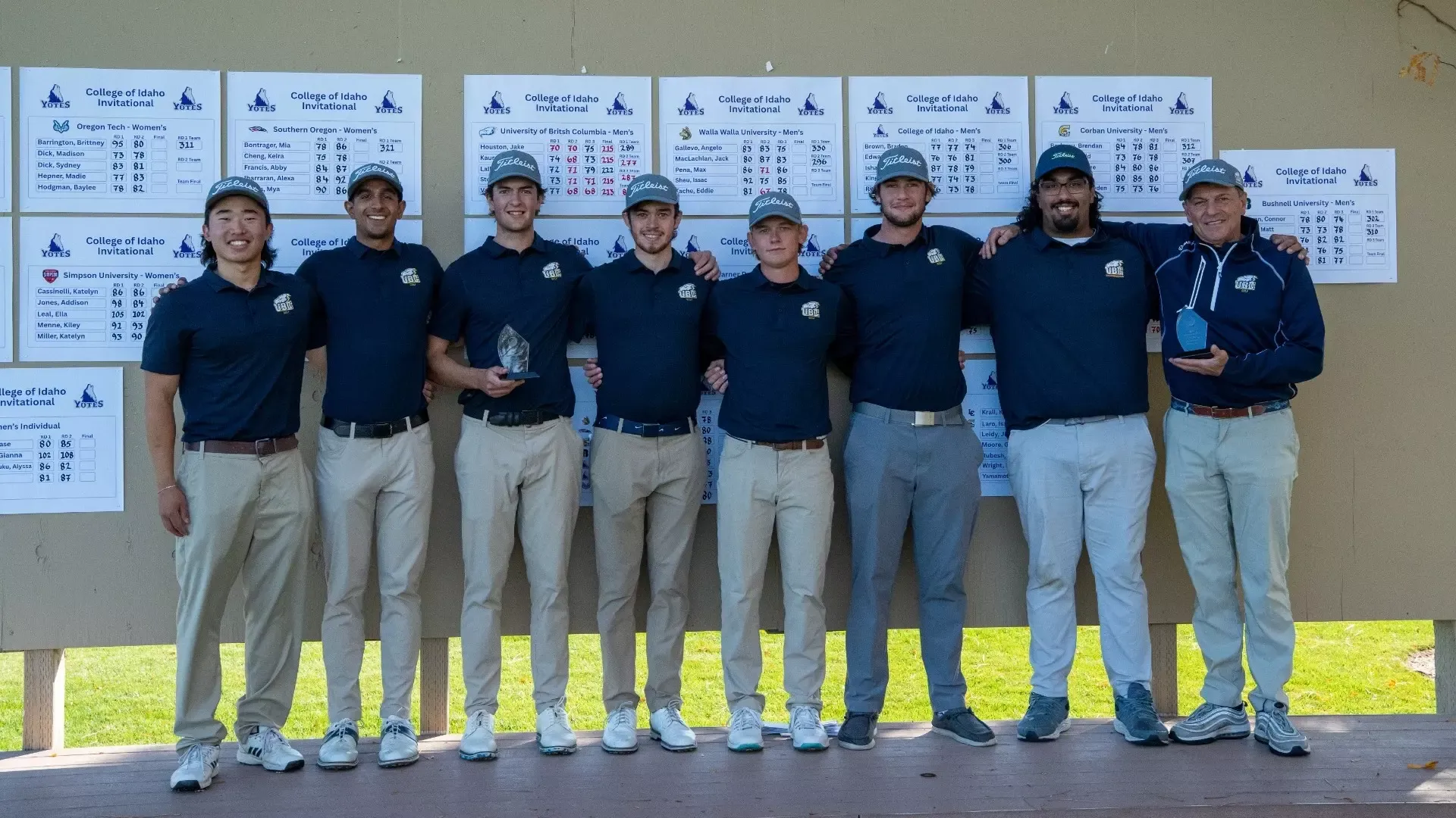 The UBC Men's Golf team poses along with assistant coach Keir Smith after their win at the tournament