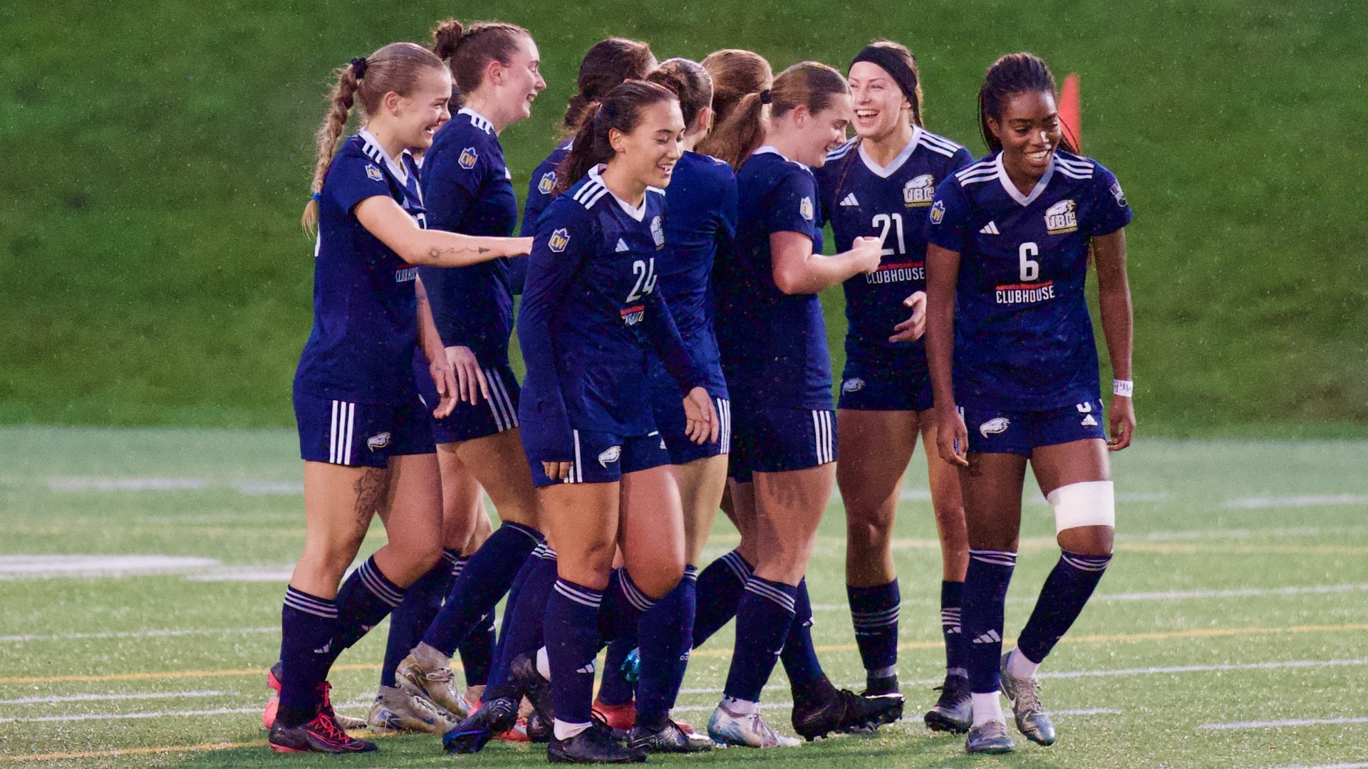 The Thunderbird players all are happily walking in the same direction after finishing celebrating a goal