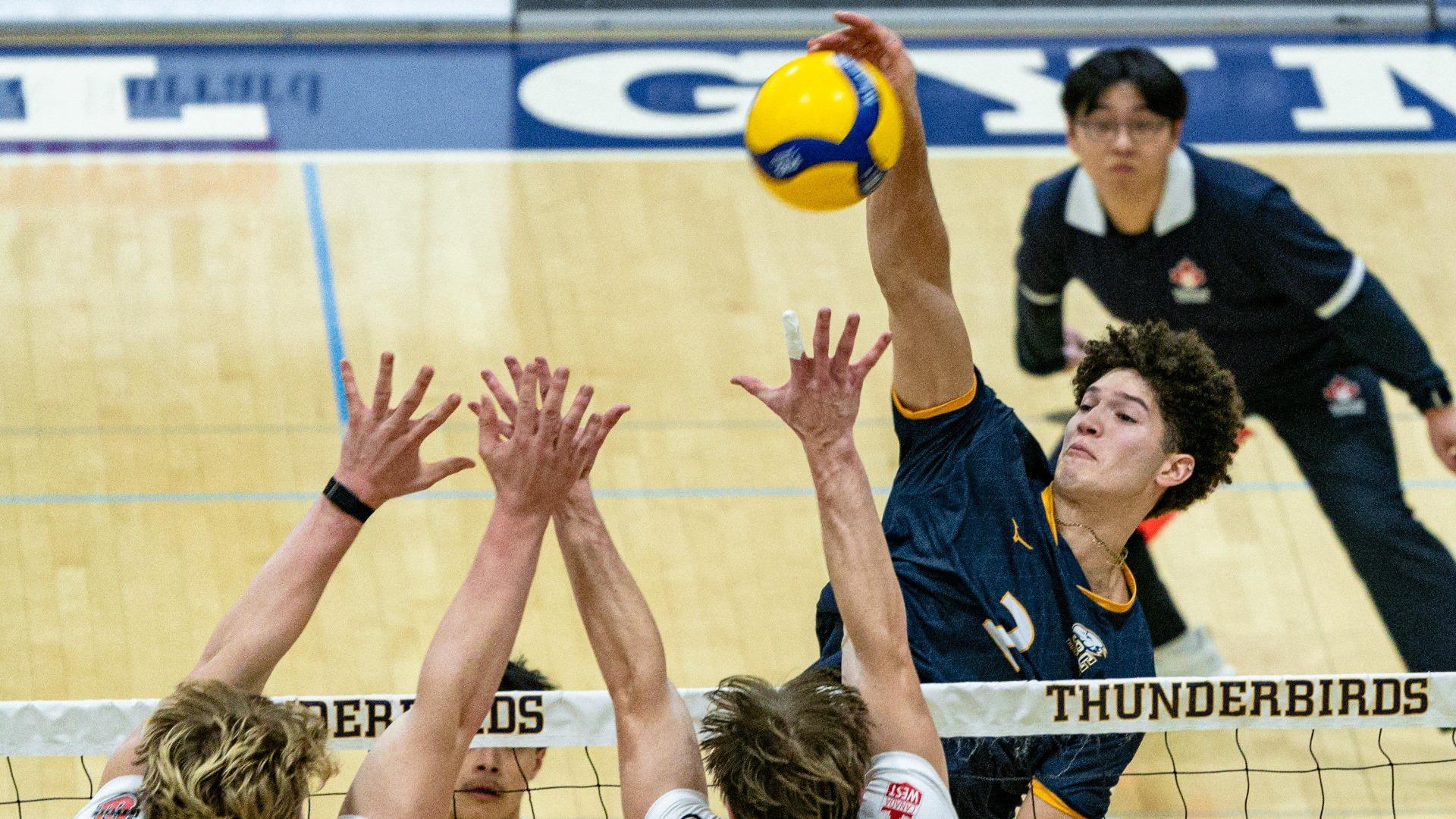 VANCOUVER,BC: November 28, 2025 -- UBC Thunderbirds Men’s Volleyball v University of Winnipeg Wesmen on UBC’s Pride Night during U Sports Canada West action at UBC’s War Memorial Gymnasium in Vancouver, BC, November, 28, 2025. (Jacob Mallari/UBC Athletics Photo)***MANDATORY CREDIT***