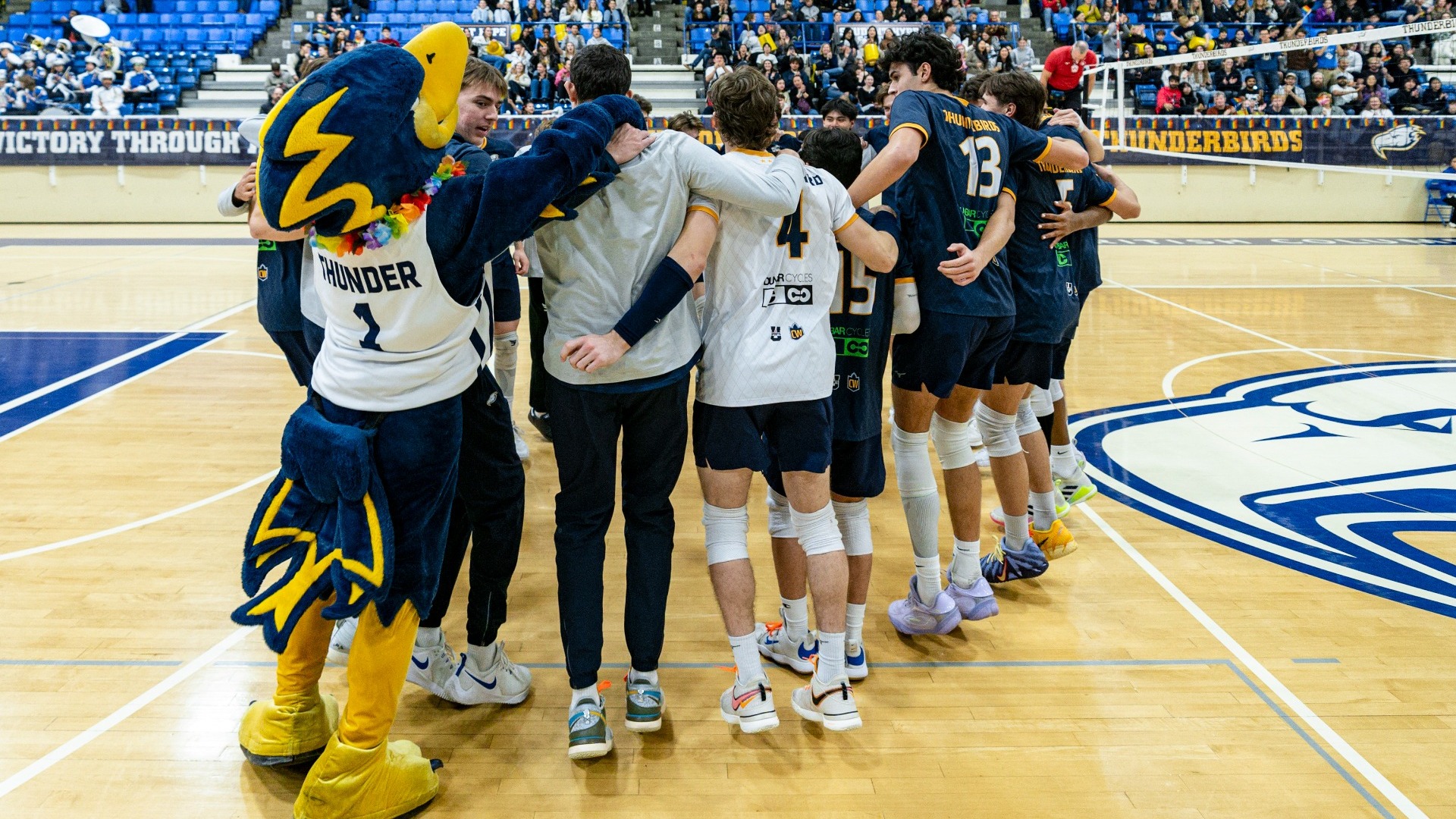 VANCOUVER,BC: November 28, 2025 -- UBC Thunderbirds Men’s Volleyball v University of Winnipeg Wesmen on UBC’s Pride Night during U Sports Canada West action at UBC’s War Memorial Gymnasium in Vancouver, BC, November, 28, 2025. (Jacob Mallari/UBC Athletics Photo)***MANDATORY CREDIT***