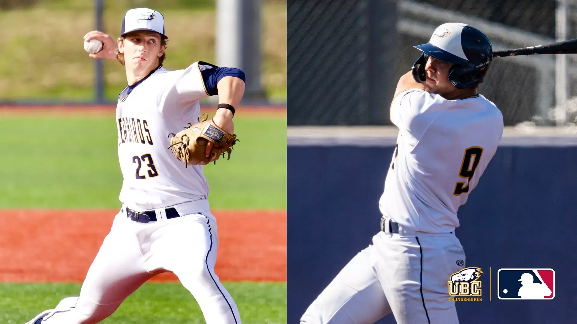A split image with UBC Thunderbirds pitcher Ryan Heppner in the left half, seen in semi-closeup mid-pitch, UBC Thunderbirds hitter Jonny McGill in the right half, seen in semi closeup finishing a swing. The Thunderbirds logo and a major league baseball logo are emblazoned in the bottom right corner of the frame.