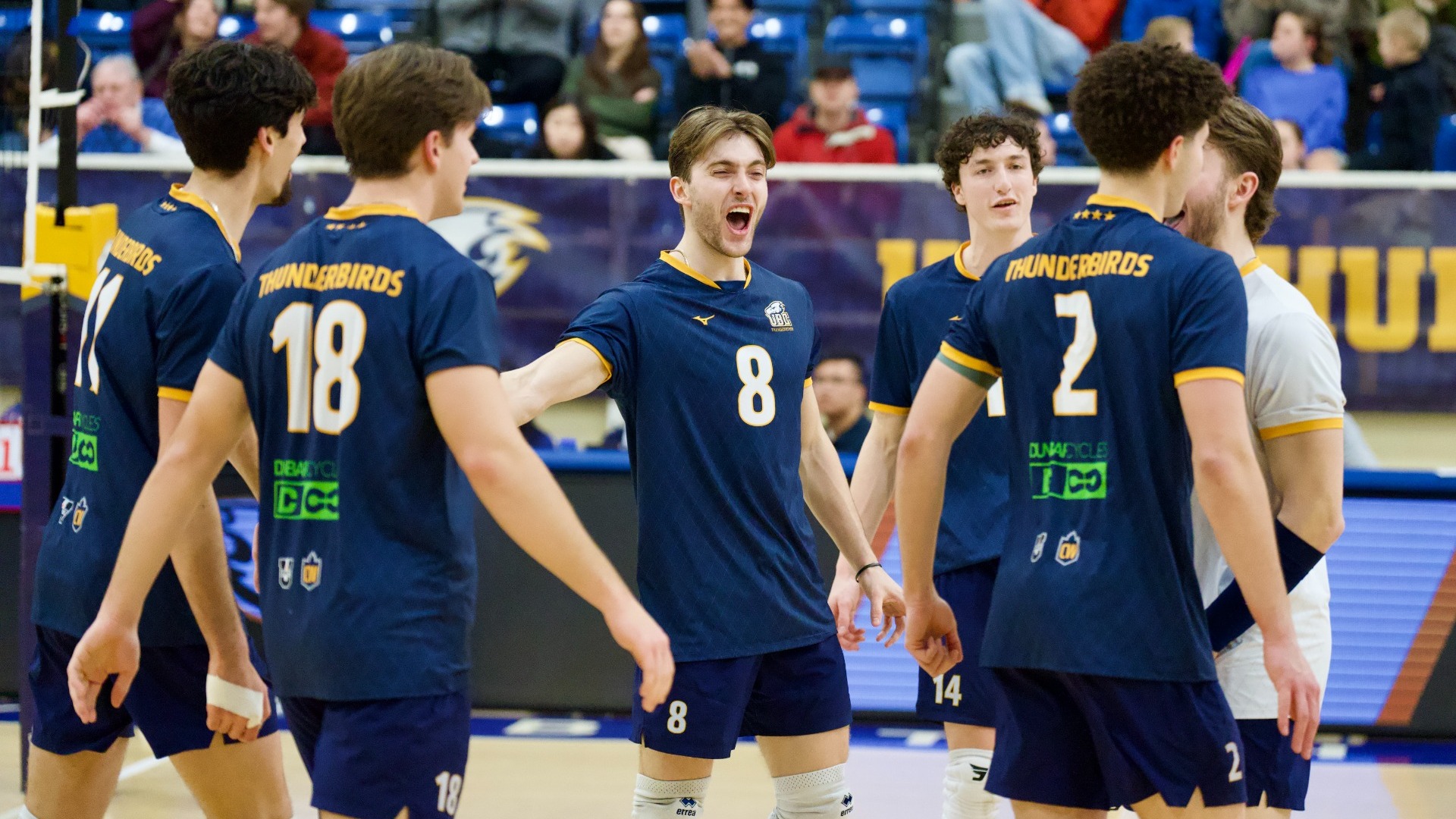 A group of excited T-Birds come together in a huddle after a point