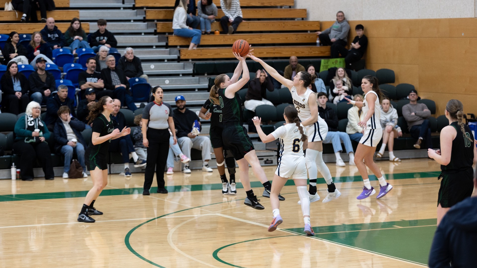 UBC Thunderbird Stella LaGrange lunging forward and getting her fingers on the ball as UFV's Julia Tuchscherer leans back and tries to get a jump shot off