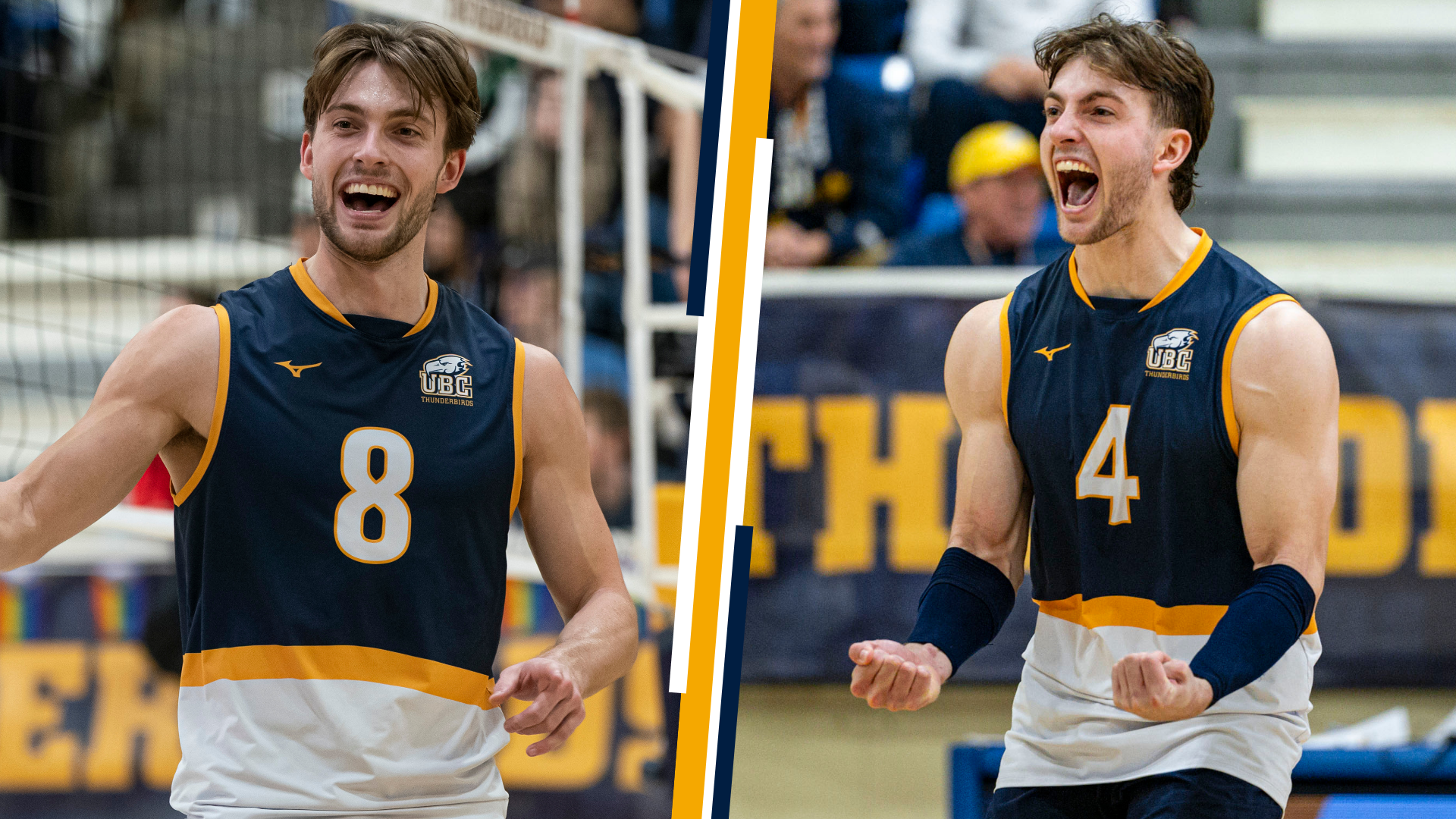 A side-by-side composite of pics of both Mason and Logan Greves looking happy during different matches
