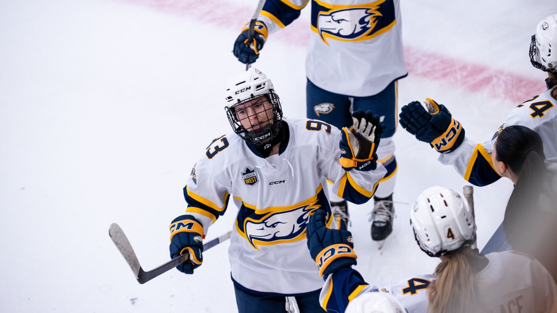 UBC's Emma Hall skates by her bench for high-fives to celebrate her goal during a game against the University of Manitoba Bisons on Oct. 10, 2026