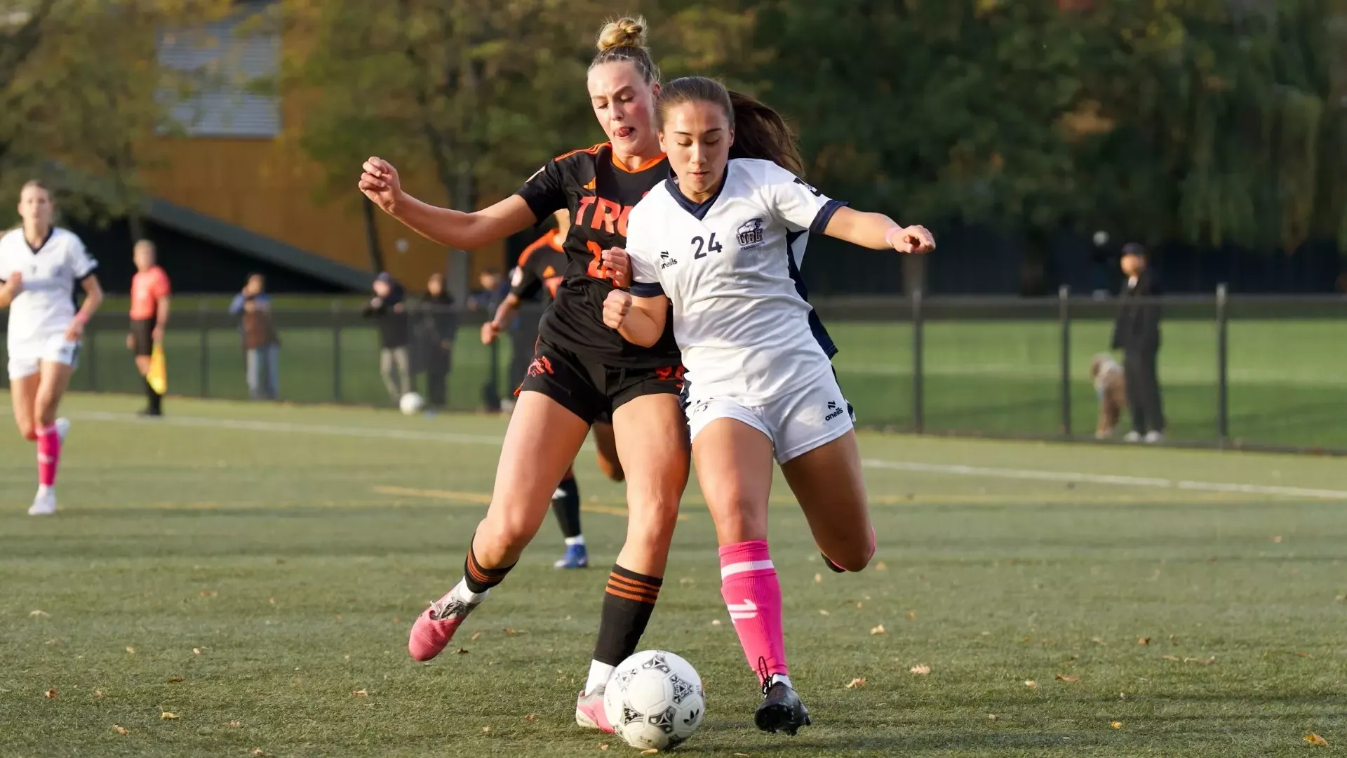 UBC's Sienna Gibson battles for position alongside a defender during a game against the TRU Wolfpack on Oct. 16, 2026