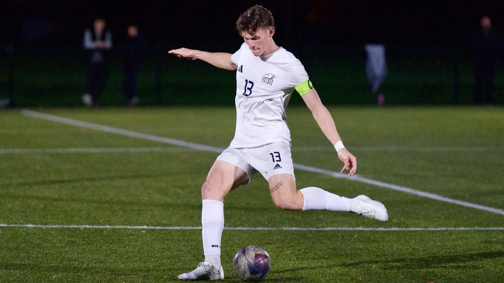UBC's Eric Lajeunesse lines up to kick the ball for a lengthy pass from his defensive half during a game against the TRU Wolfpack on Oct. 16, 2026