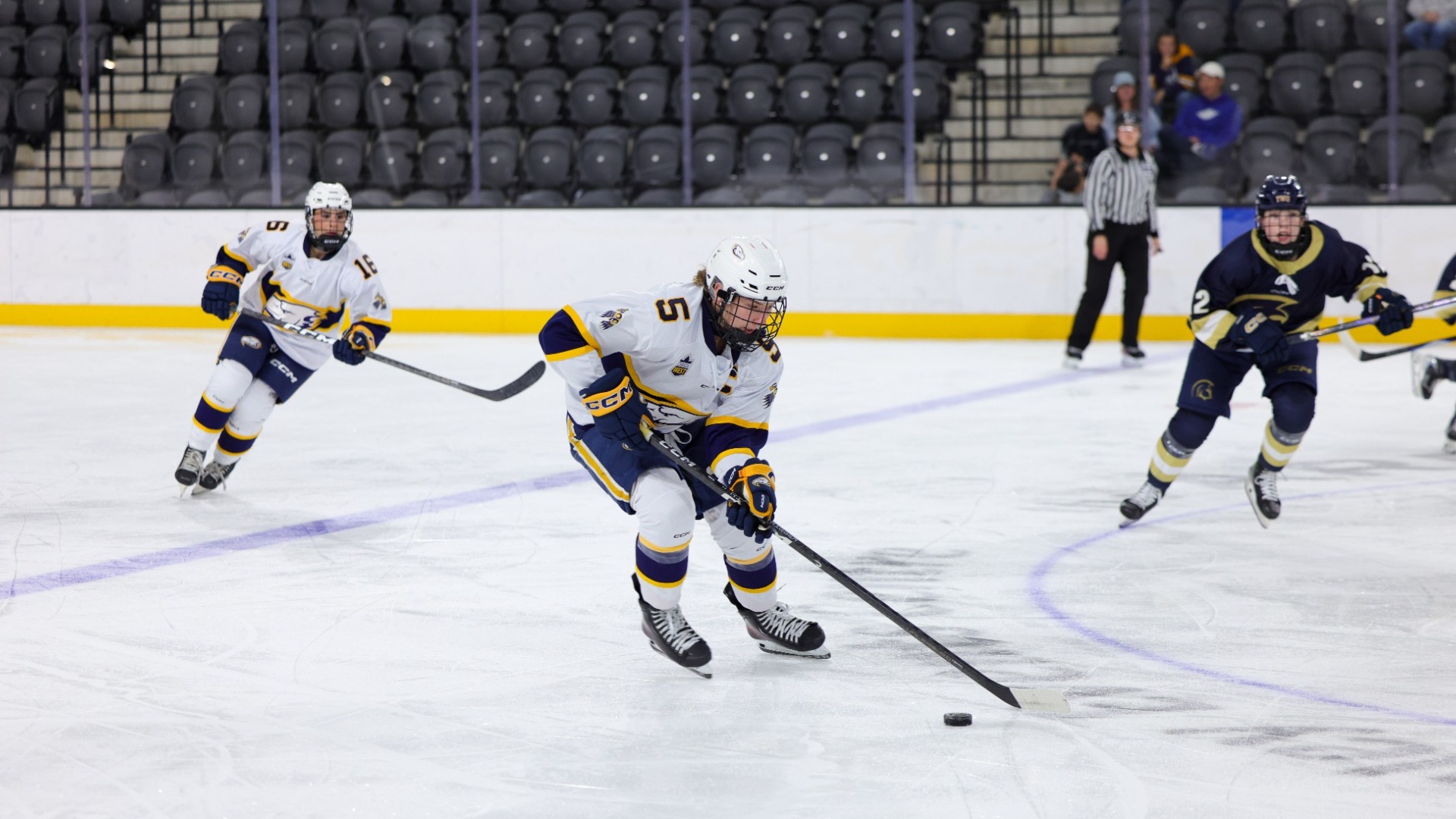UBC's Jaylyn Morris carries the puck through the neutral zone during a game against the TWU Spartans on Oct. 17, 2026