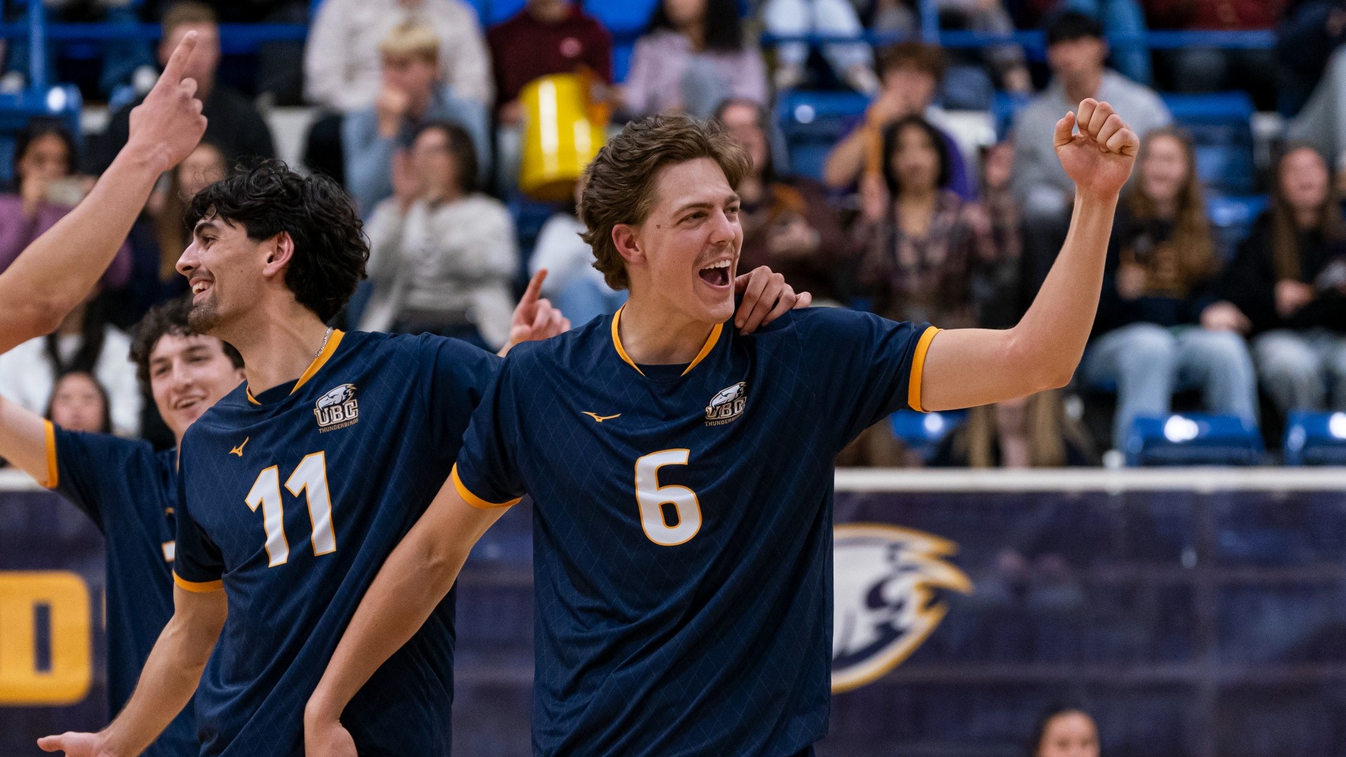 UBC's Gavin Moes celebrates with teammates during a game against the Calgary Dinos on Oct. 23, 2026