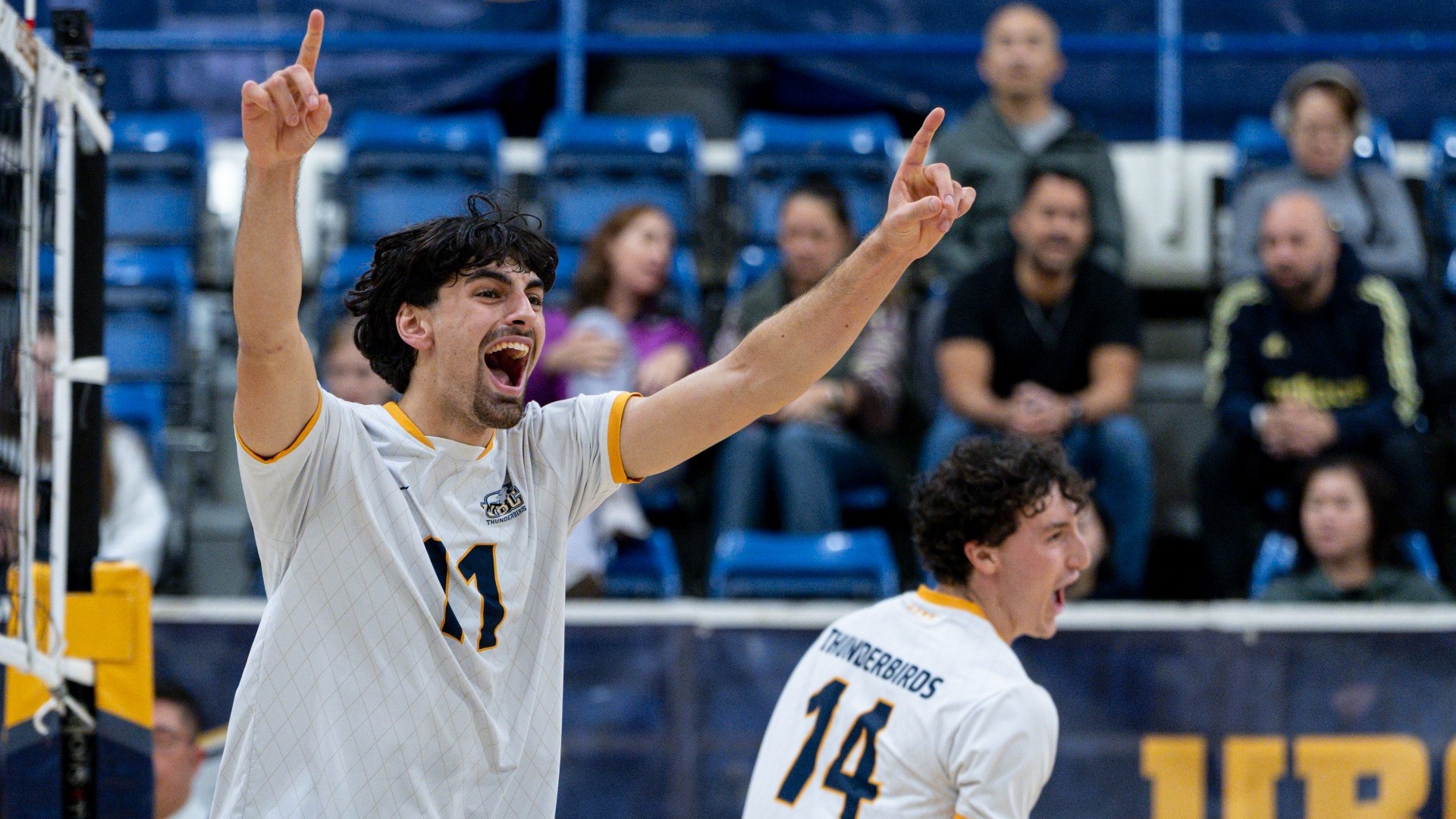 UBC's Danny Cravioto-Ross celebrates a point scored during a game agains the CGY Dinos on Oct. 24, 2026