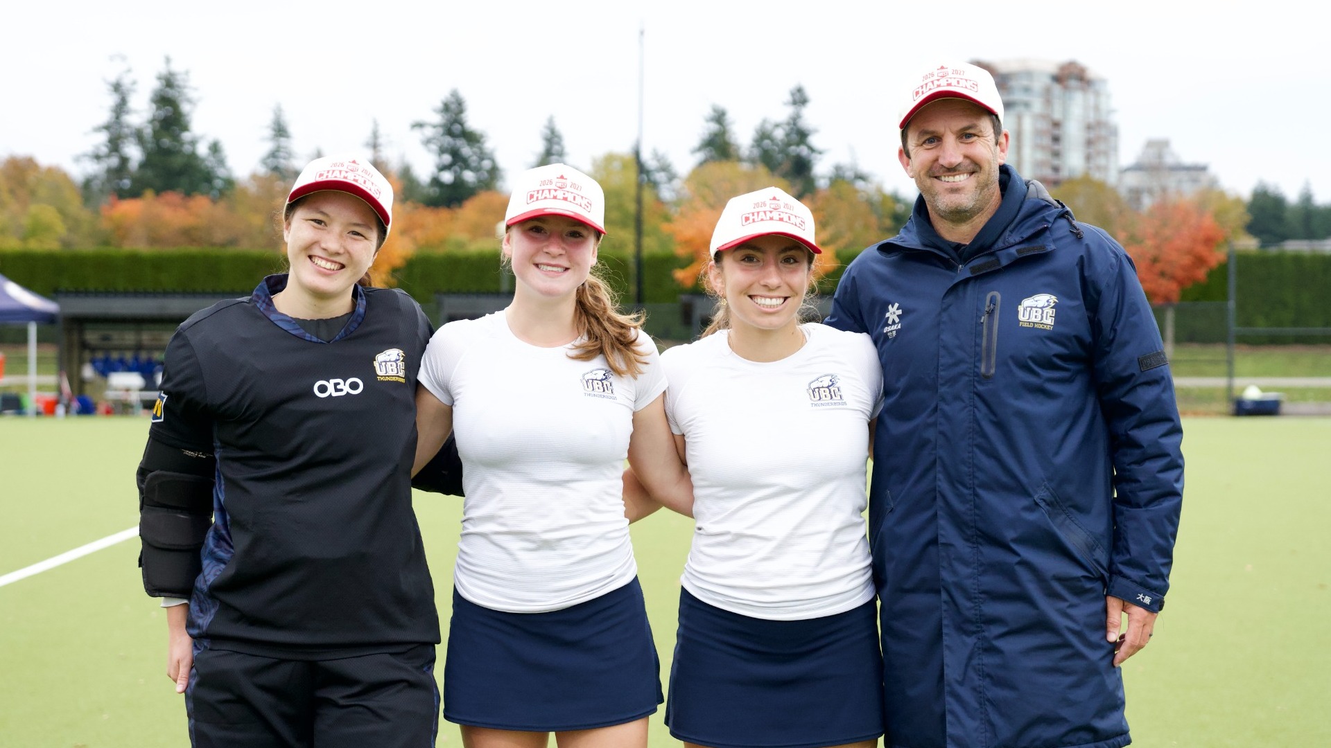 UBC's Canada West award winners (From Left: Robyn Goh, Mackenna Brown, Kenzie Girgis and Geoff Matthews) stand together for a photo after their match against the UVic Vikes on Oct. 25, 2026