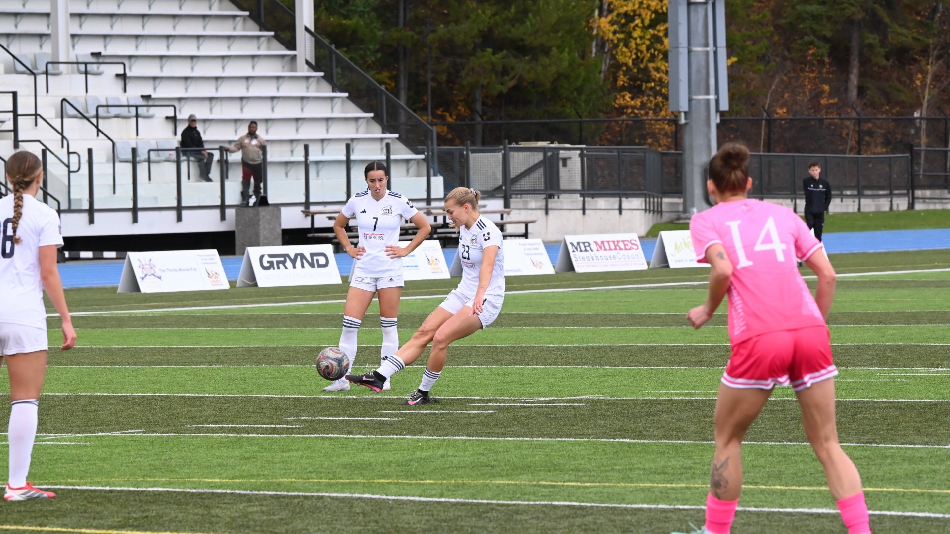 UBC's Maddy Norman takes a swing at a free kick from a few yards outside the box during a game against the UNBC Timberwolves on Oct. 4, 2026
