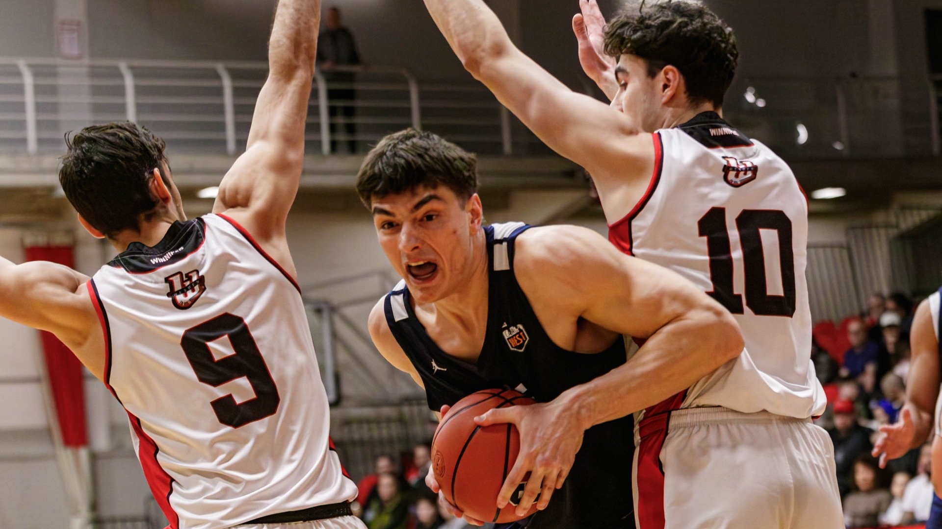 Nikola Guzina tries to battle through a pair of Winnipeg defenders