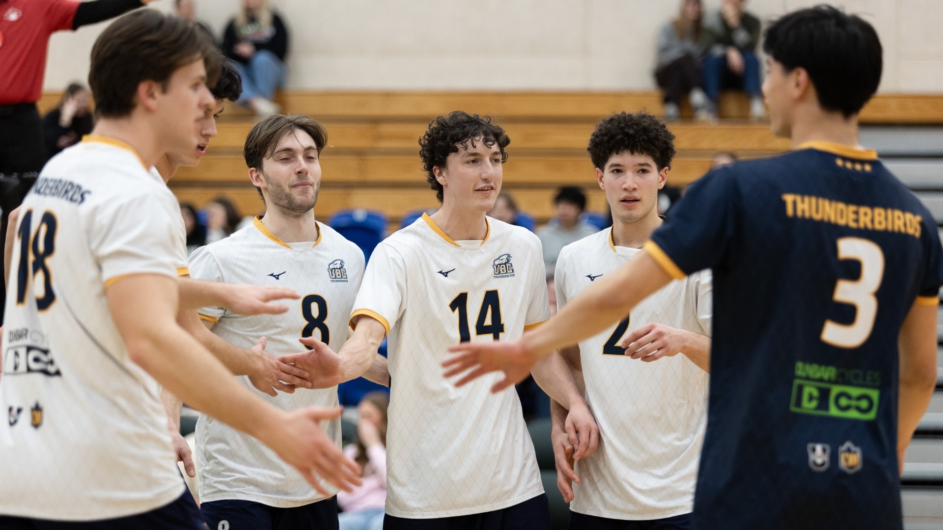 A group of T-Bird players huddle up after a point