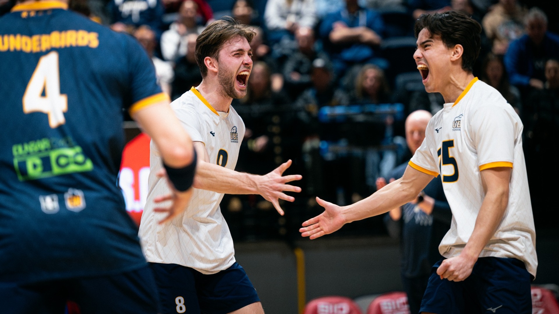 Mason Greves and Calvin Hsu go to high-five each other while happily yelling