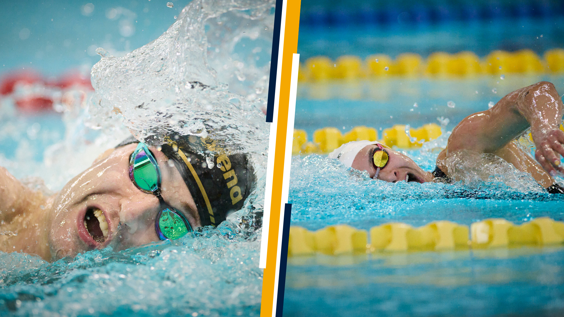UBC swimmers Yuri Kisil and Kayla Sanchez shown in a split image, each on their side and pulling in air mid-race