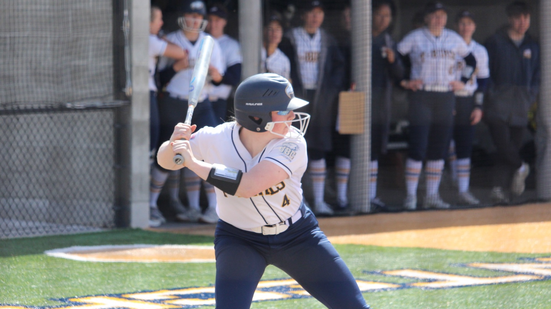 Claire Hill is in her batting stance as she prepares for a pitch