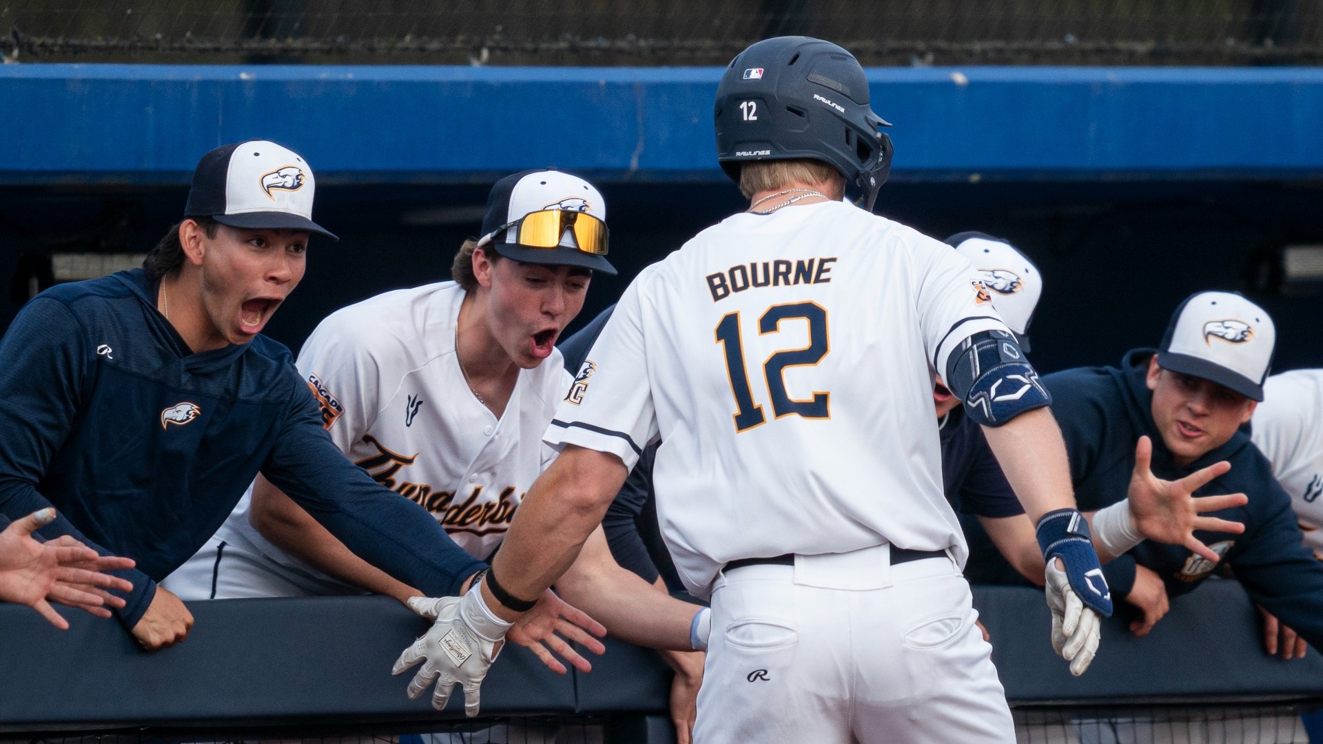 Kellen Bourne has his back to the camera as he high-fives teammates in the dugout